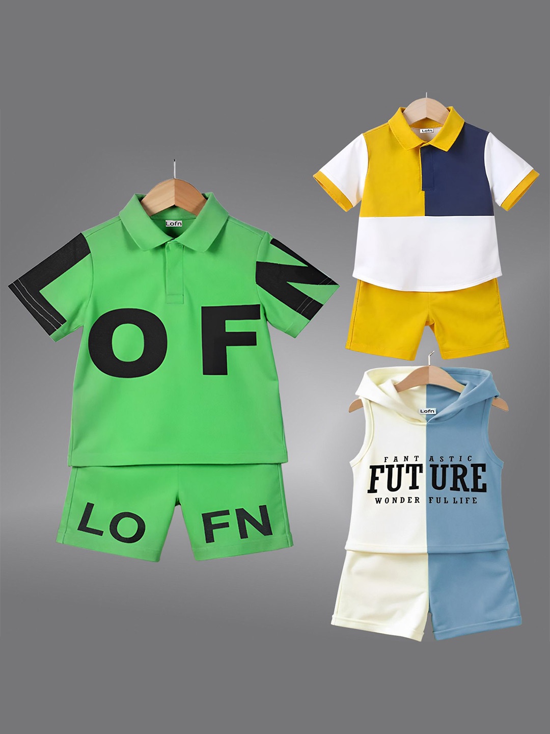 

Lofn Kids Pack Of 3 Printed Pure Cotton T-Shirts With Shorts, Green