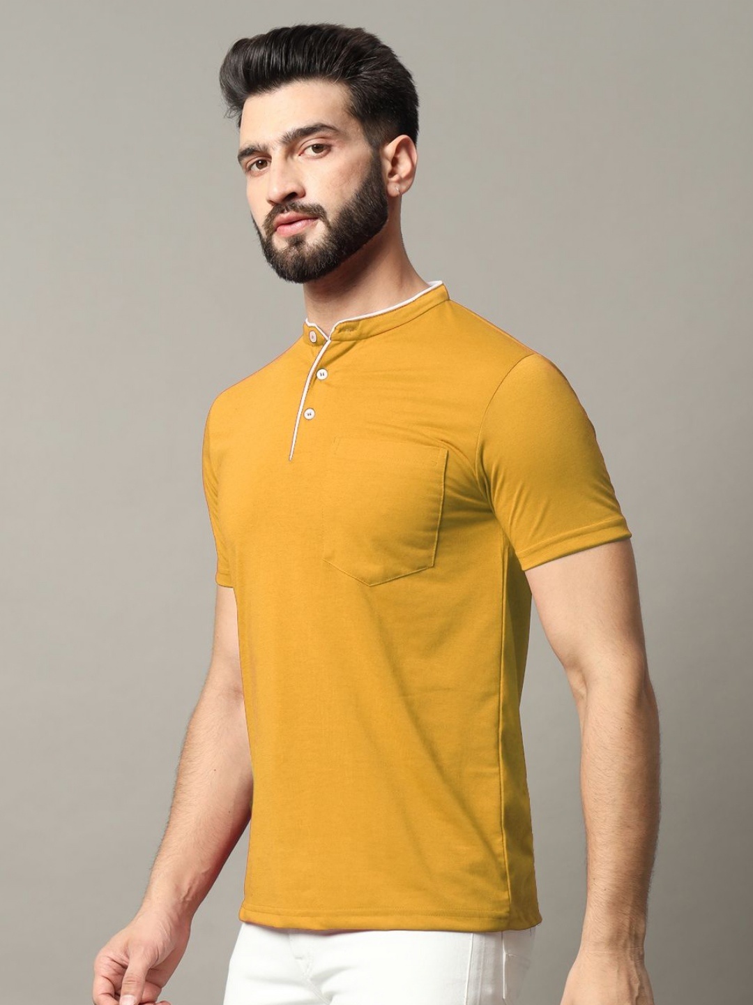 

RELANE Men Solid Mandarin Collar Cotton T-shirt, Mustard