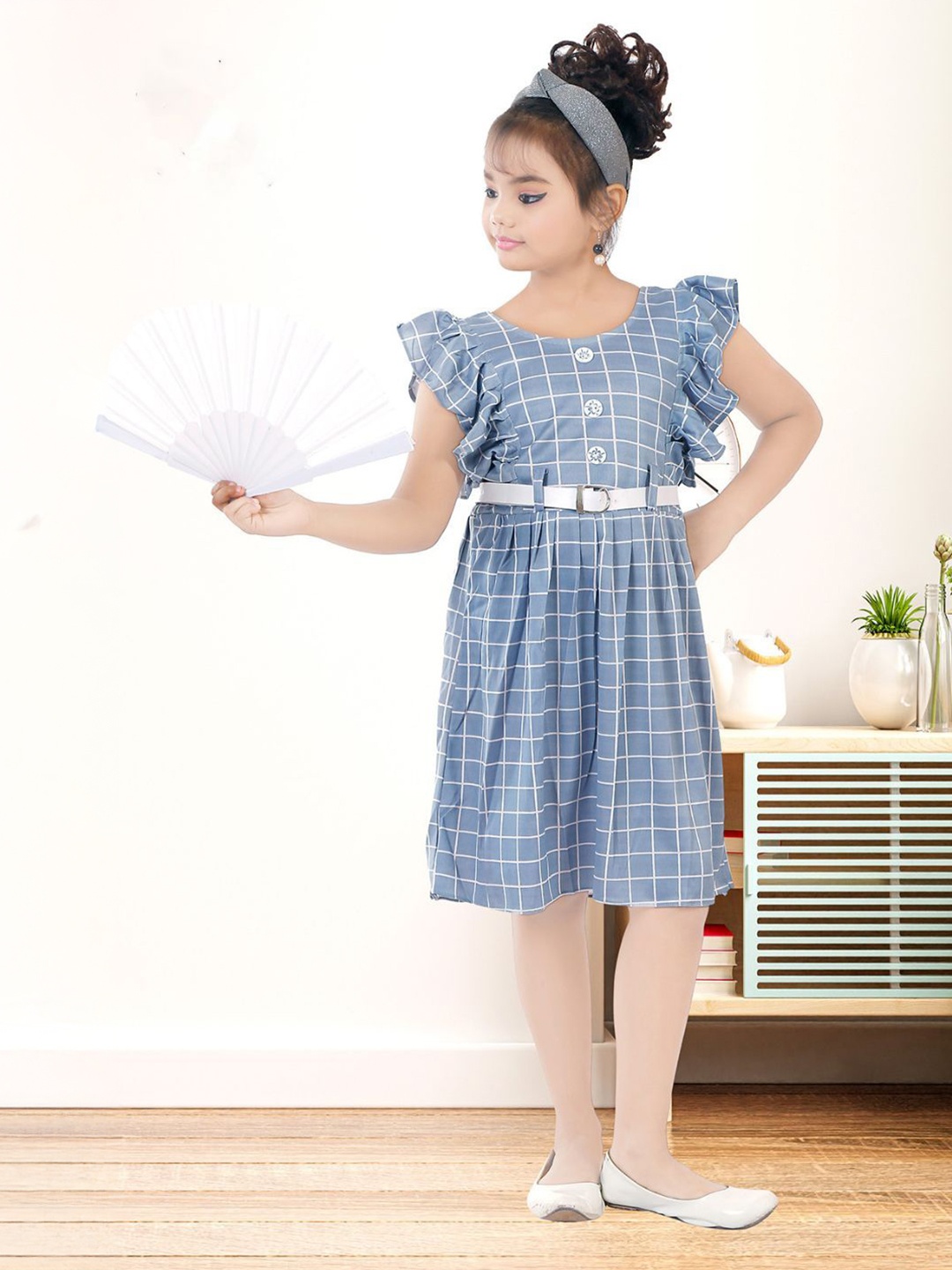 

Fessist Girls Checked Flutter Sleeves Fit & Flare Dress with Belt, Grey