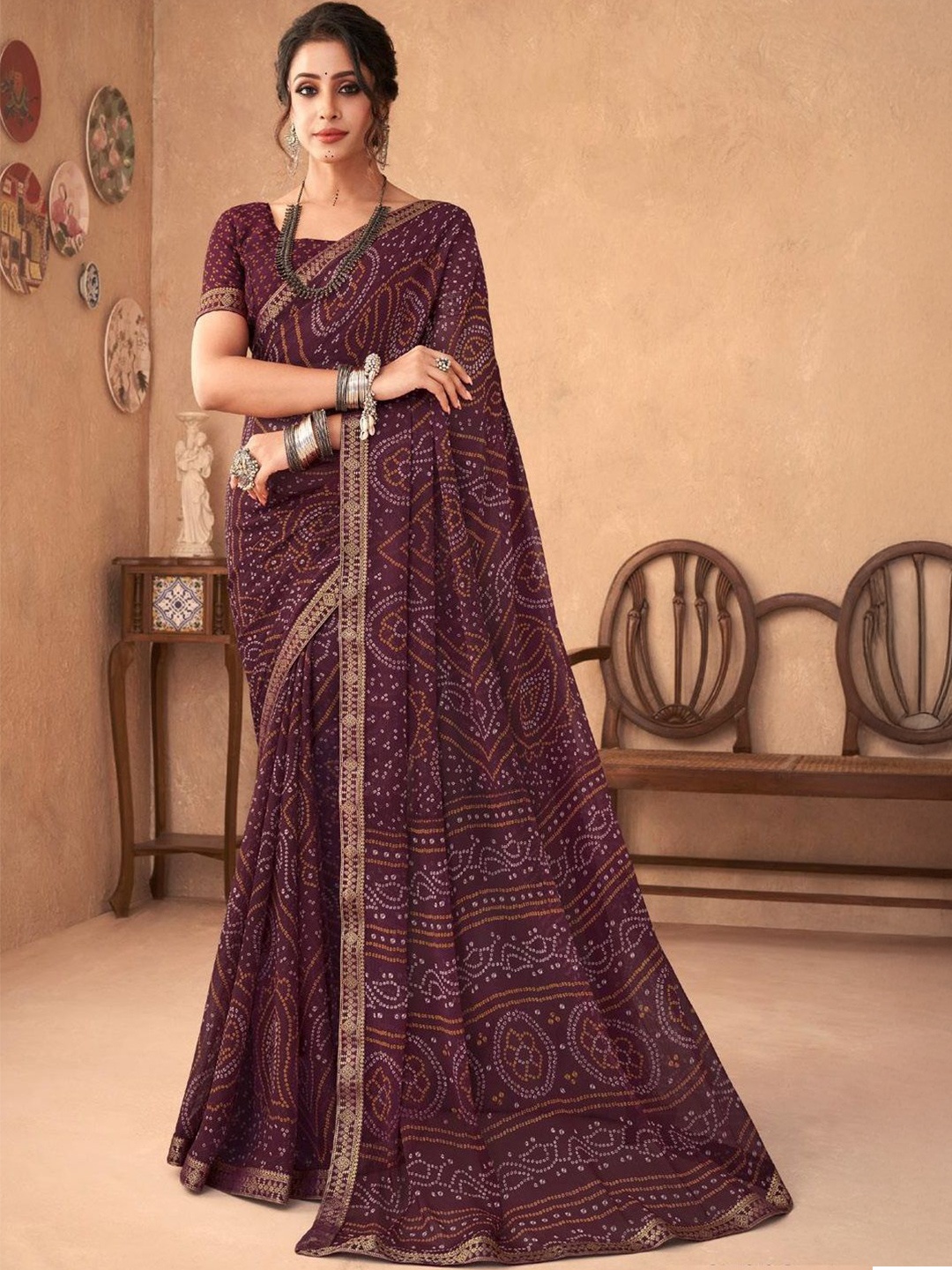 

DURGA EMPORIO Bandhani Sequinned Pure Chiffon Bandhani Saree, Purple