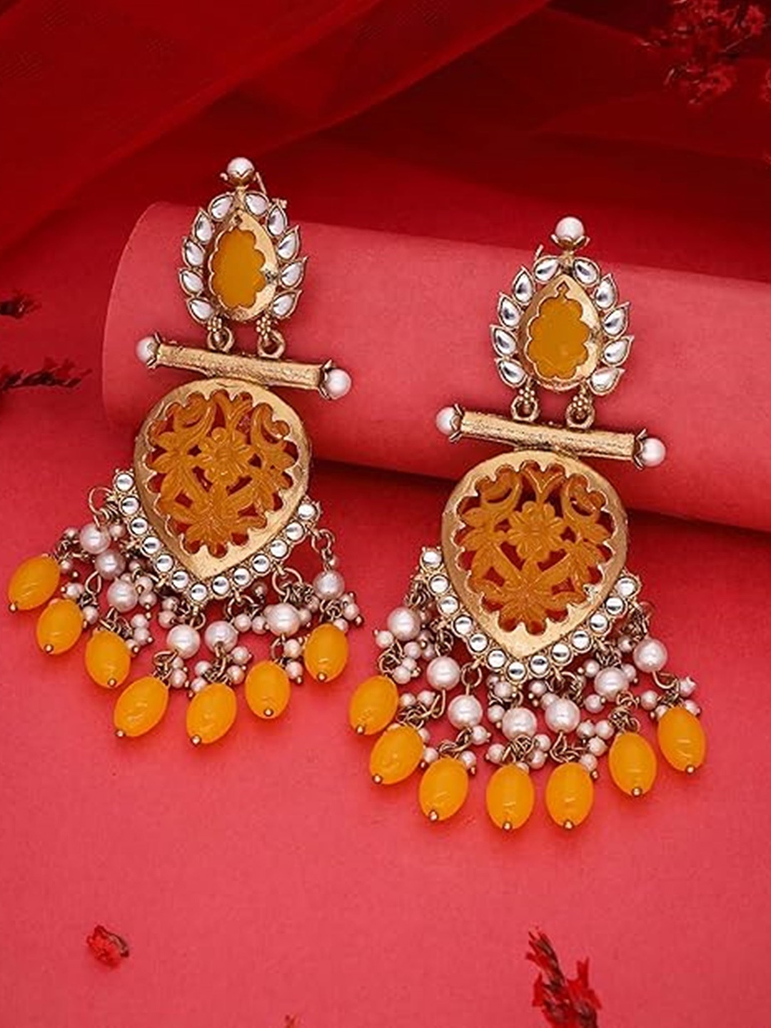 

MADDY SPACE Gold-Plated Artificial Stones and Beaded Contemporary Drop Earrings