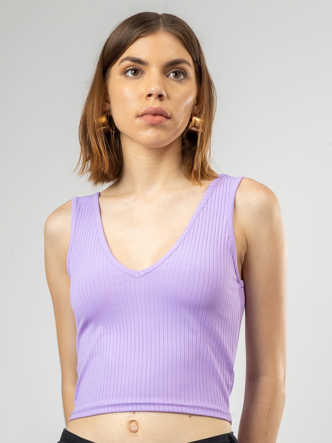 

PYR8 Women V-Neck Ribbed Tank Crop Top, Lavender