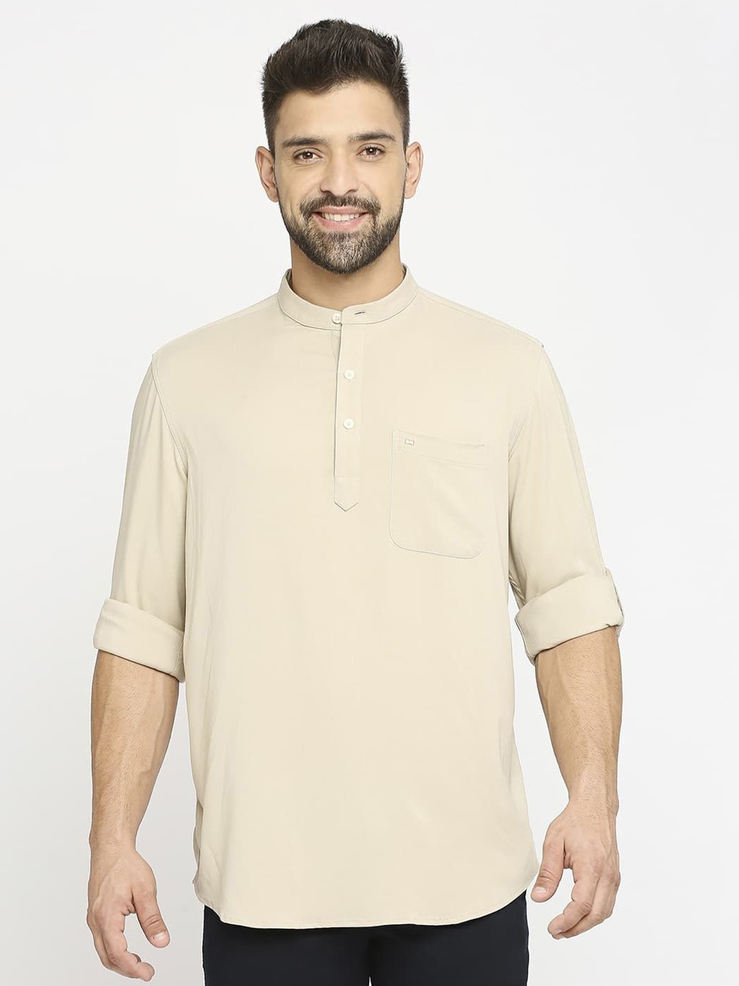 

Basics Men Relaxed Slim Fit Mandarin Collar Solid Casual Shirt, Beige