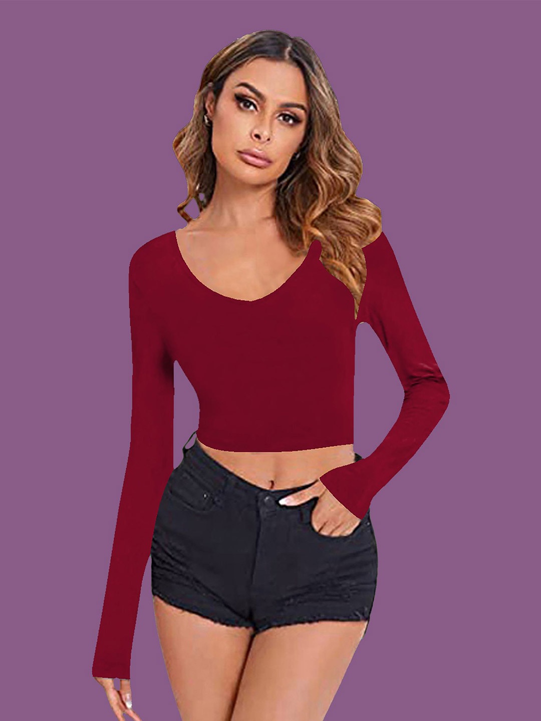 

Dream Beauty Fashion Women V-Neck Fitted Crop Top, Maroon