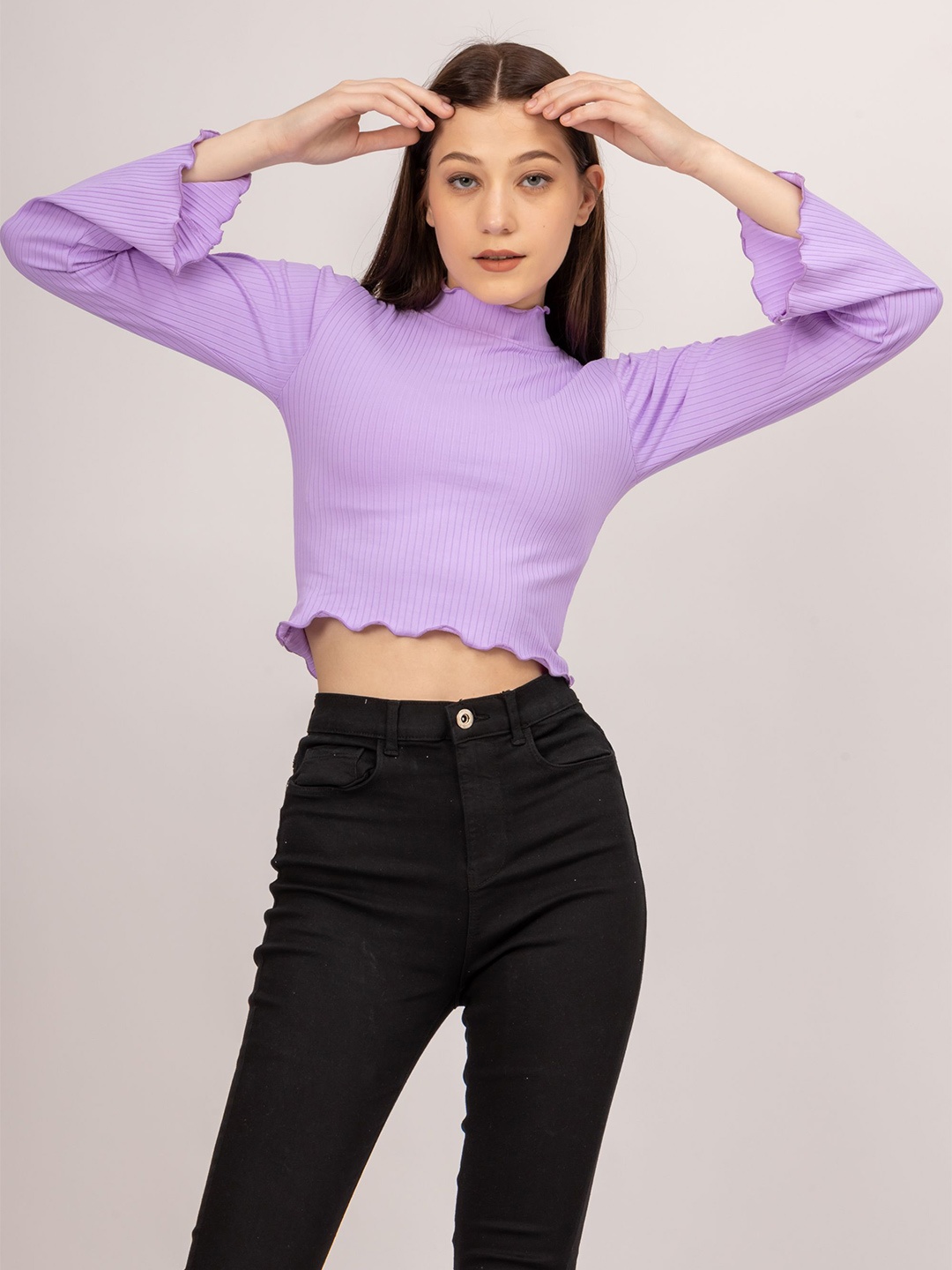 

PYR8 Women Ribbed High Neck Flared Sleeves Fitted Top, Lavender