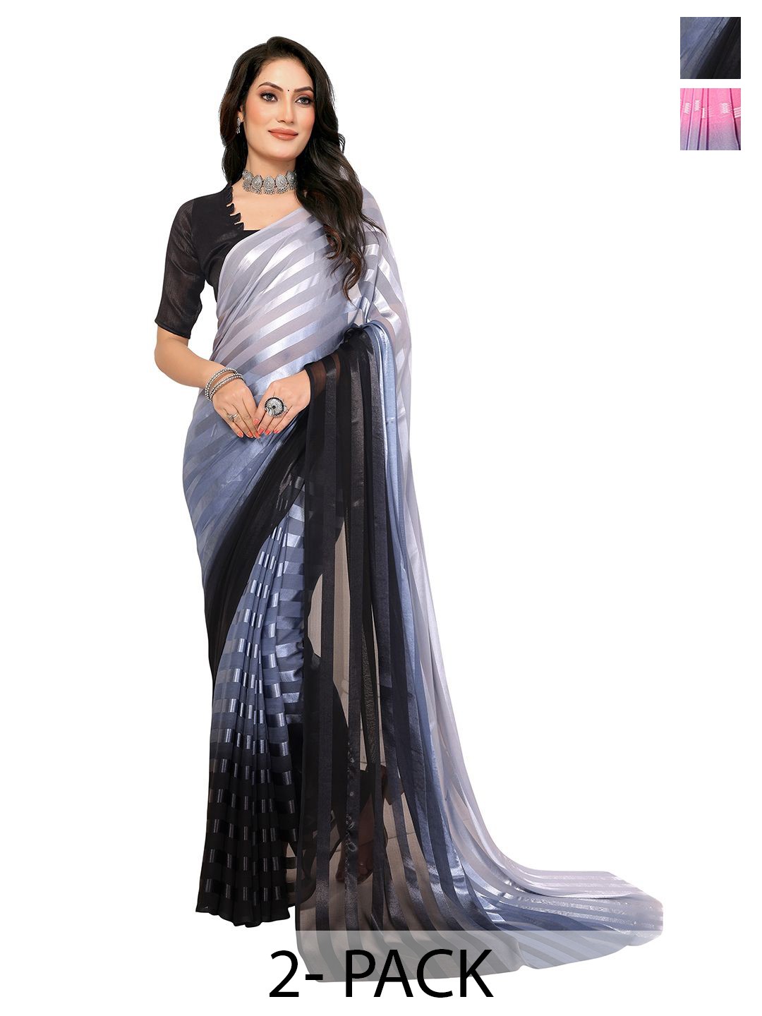 

Moda Rapido Set of 2 Striped Satin Sarees With Blouse Piece, Grey