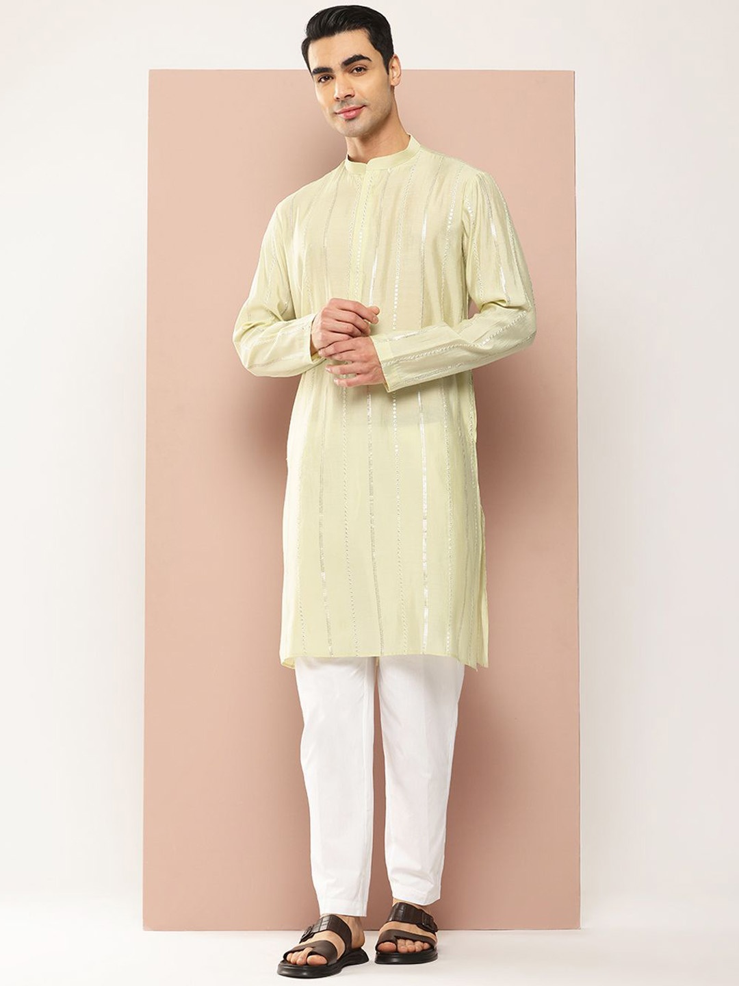 

See Designs Striped Embroidered Sequinned Mandarin Collar Chanderi Silk Straight Kurta, Cream