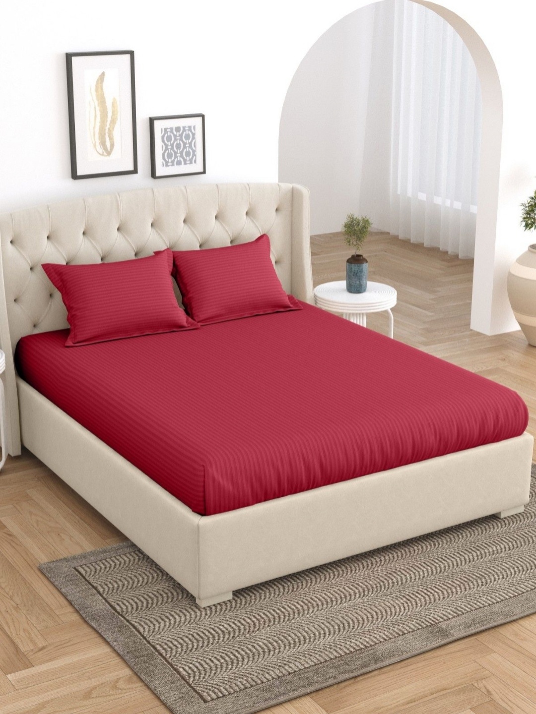 

Salona Bichona Color Splash Maroon Stripe 180 TC King Bedsheet Set 2.74 m X 2.74 m
