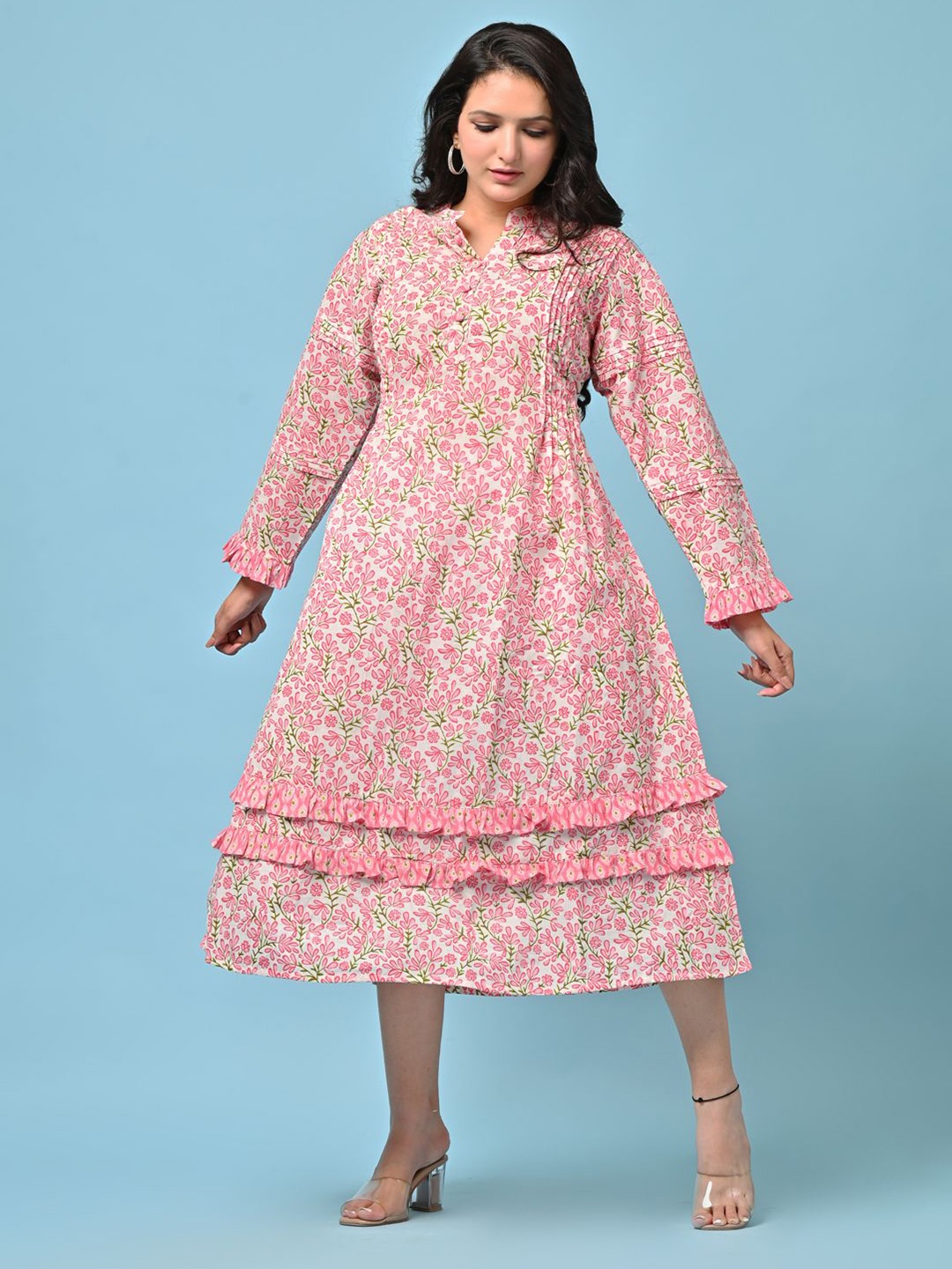 

Anootha Floral Print Frills Detail Mandarin Collar A-Line Midi Dress, Pink