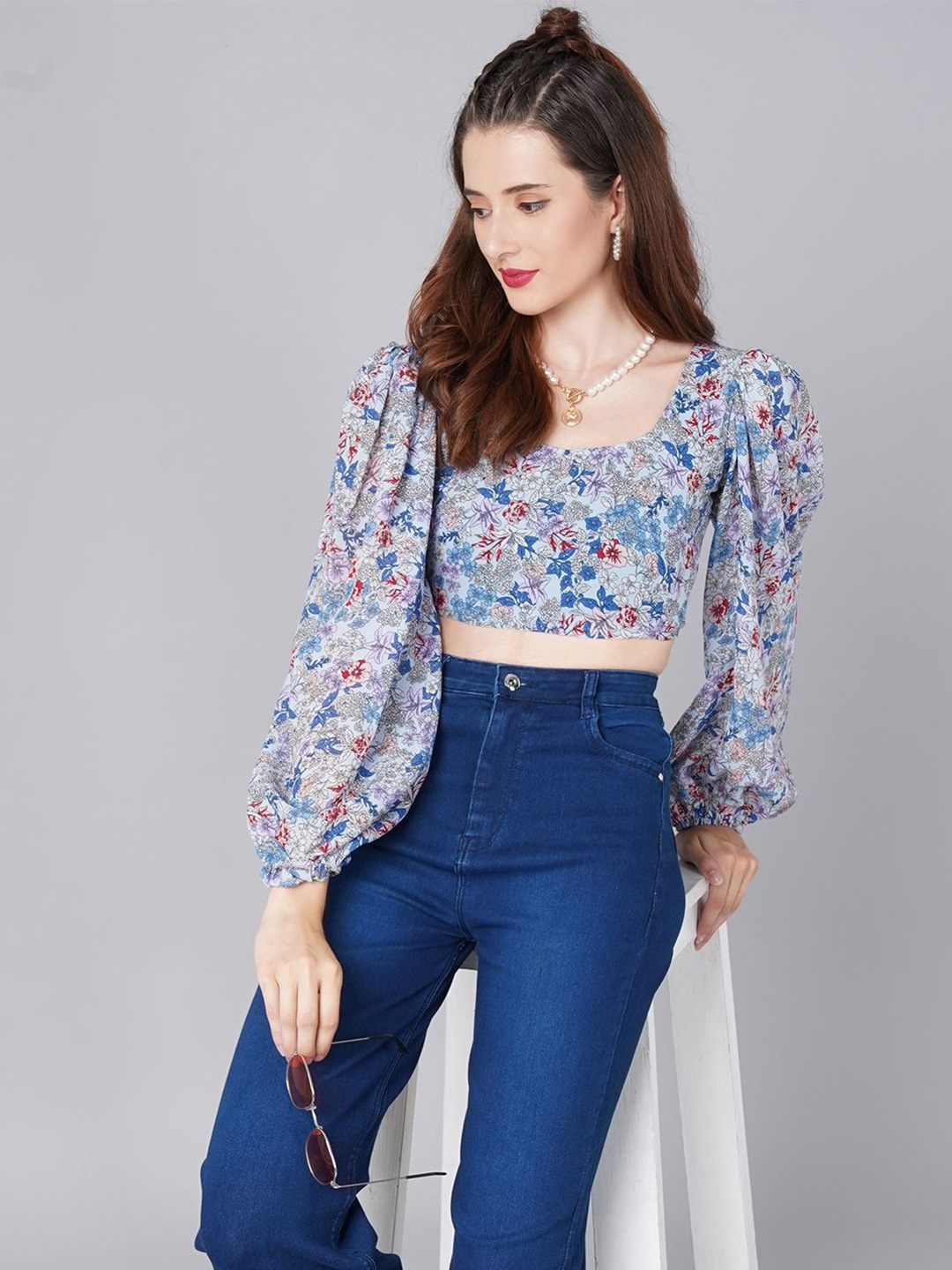 

Moda Rapido Women Floral Printed Crop Top, Blue