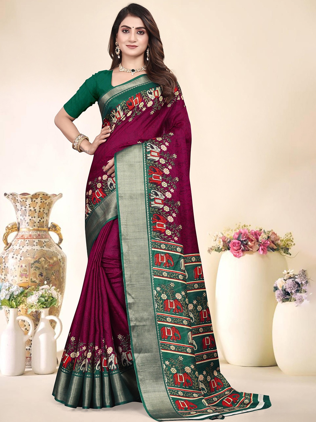 

SUPERLAXMI Woven Design Zari Saree With Blouse Piece, Maroon