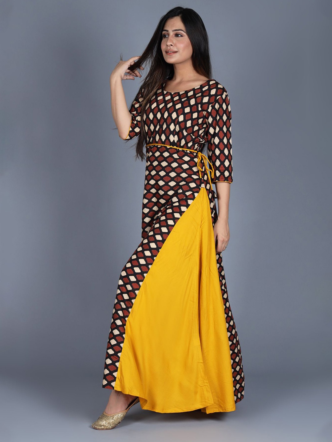 

Anootha Women Print Round Neck Three-Quarter Sleeves A-Line Maxi Dress, Brown