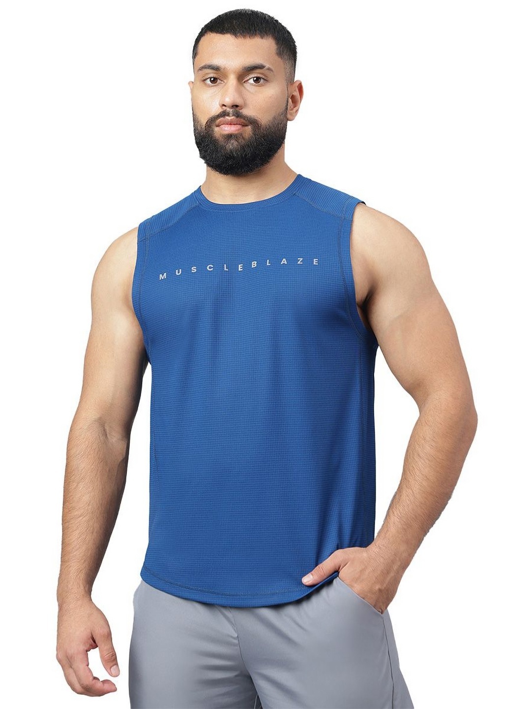 

MuscleBlaze Men Brand Logo Printed Round Neck Compression T-shirt, Blue