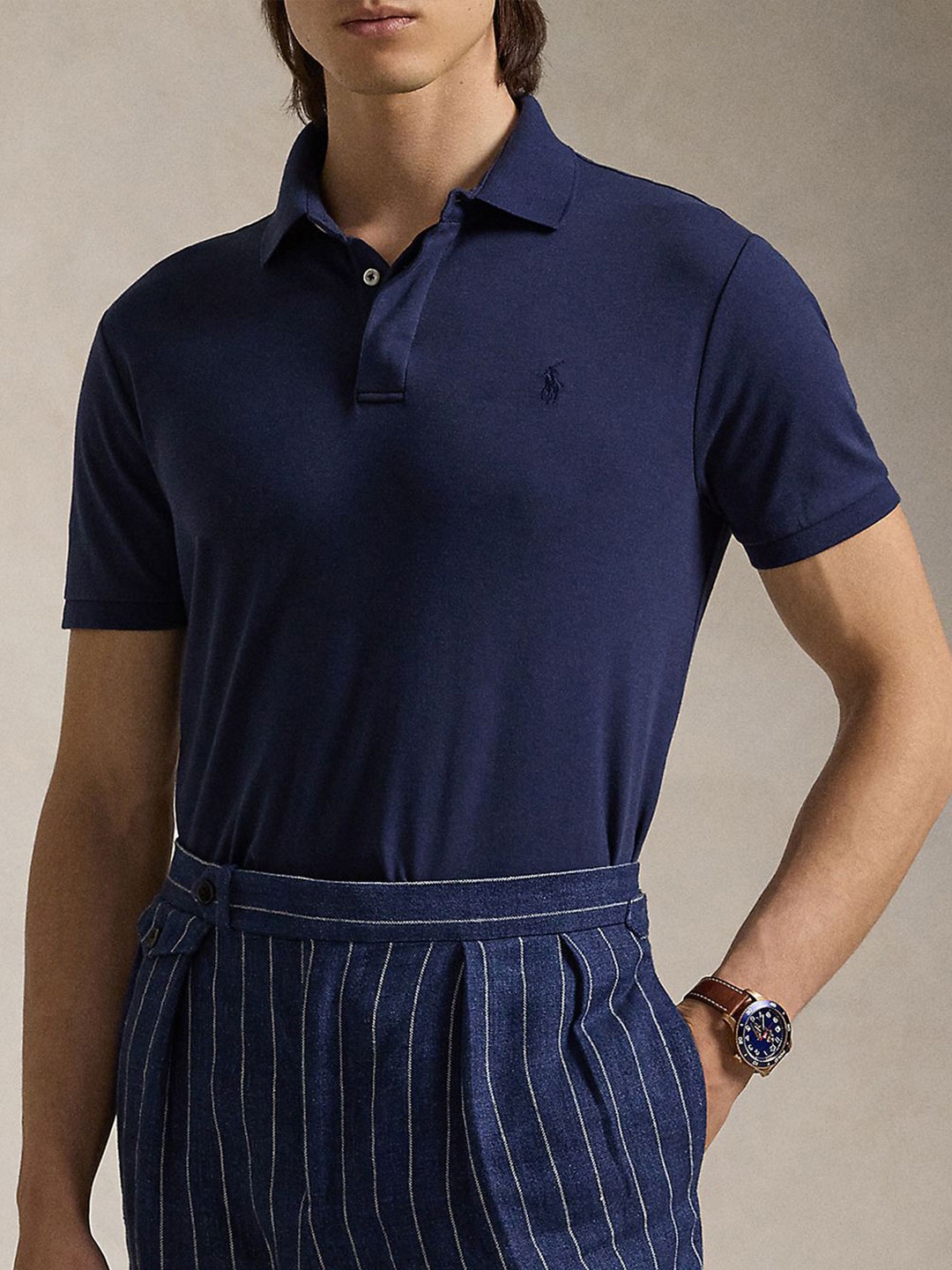 

Polo Ralph Lauren Men Solid Polo Collar Cotton Slim Fit T-shirt, Navy blue