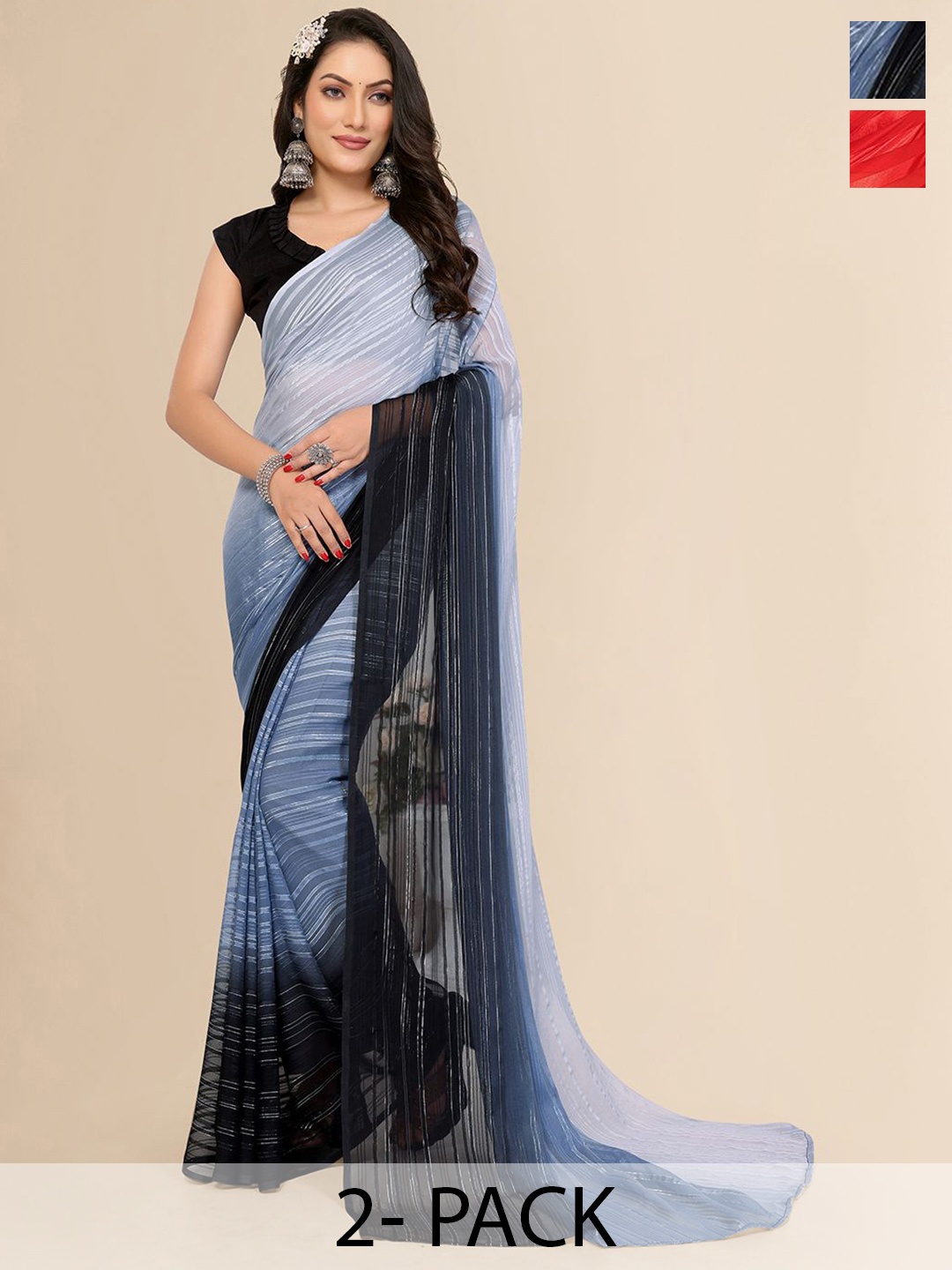 

Moda Rapido Set of 2 Striped Satin Sarees, Grey