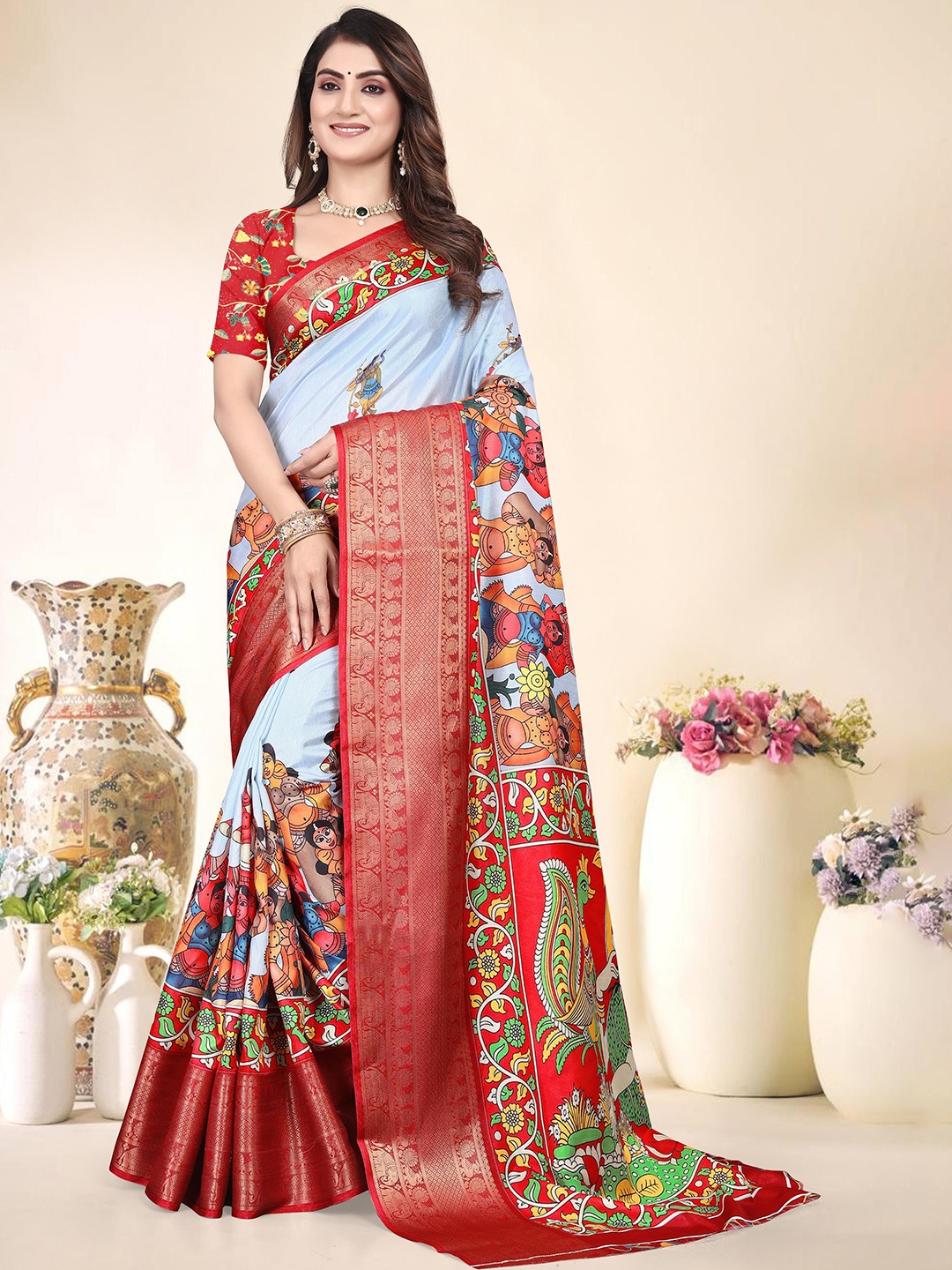 

SUPERLAXMI Kalamkari Zari Saree, Turquoise blue