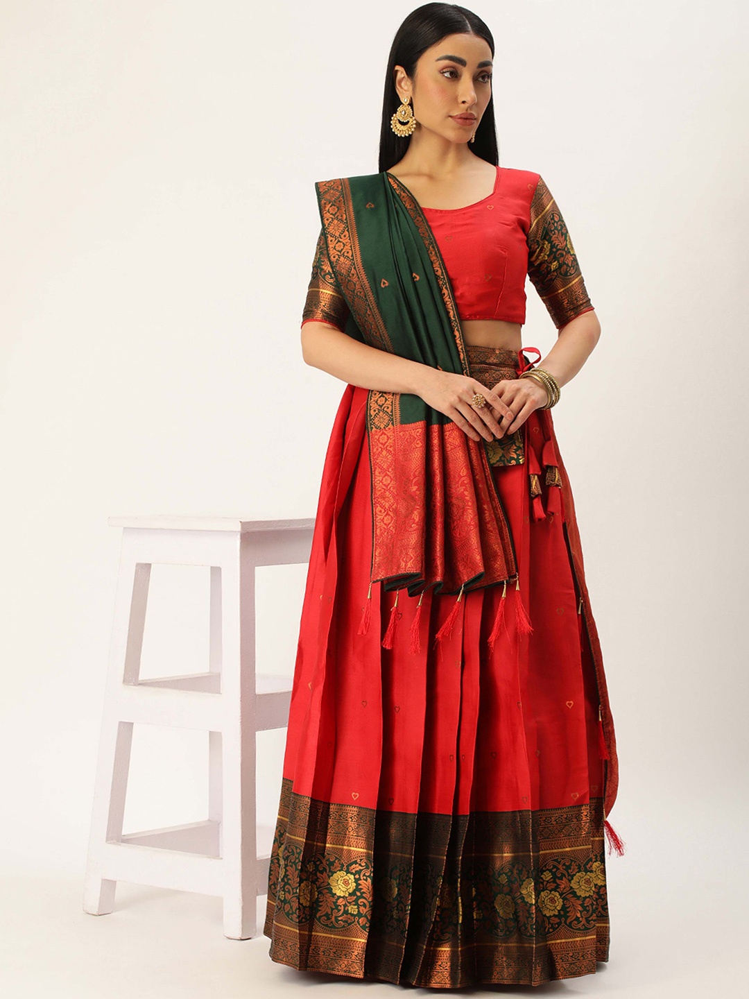 

DIVASTRI Floral Woven Design Zari Work Silk Semi-Stitched Lehenga & Blouse With Dupatta, Red