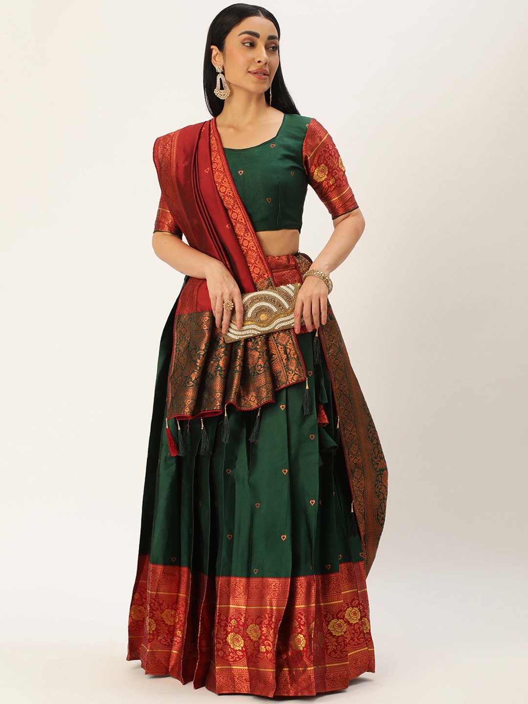 

DIVASTRI Floral Woven Design Zari Unstitched Blouse And Lehenga With Dupatta, Green