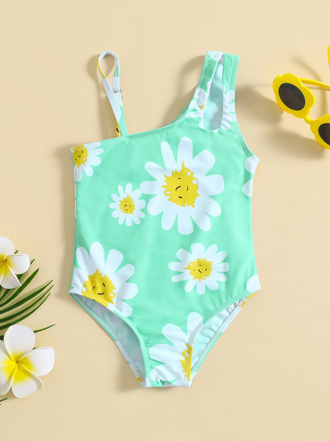 

YK Girls Printed One Shoulder Swimwear Bodysuit, Green