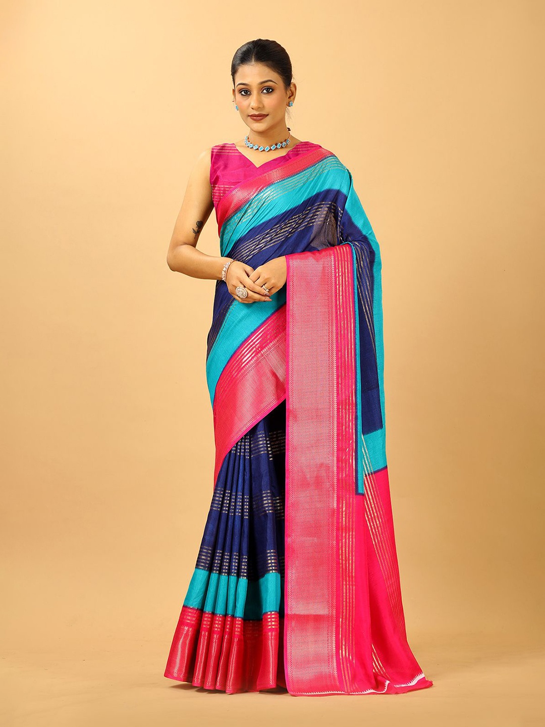 

A.V.M. SILK MILLS Colourblocked Zari Saree, Rose
