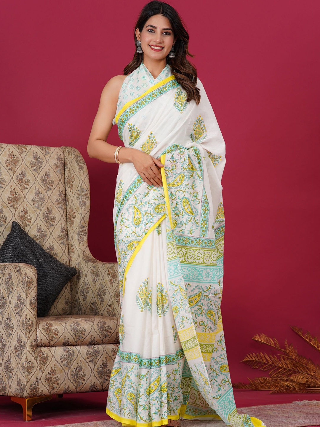 

Shivanya Handicrafts Floral Printed Pure Cotton Block Print Saree, Green