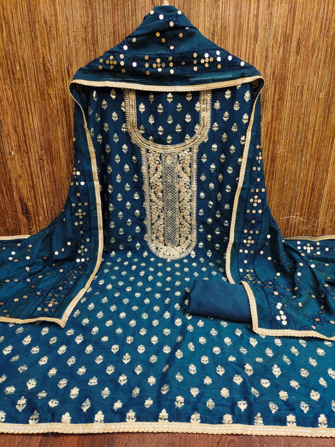 

BlissFlair Ethnic Motifs Printed Embellished Pure Cotton Unstitched Dress Material, Blue