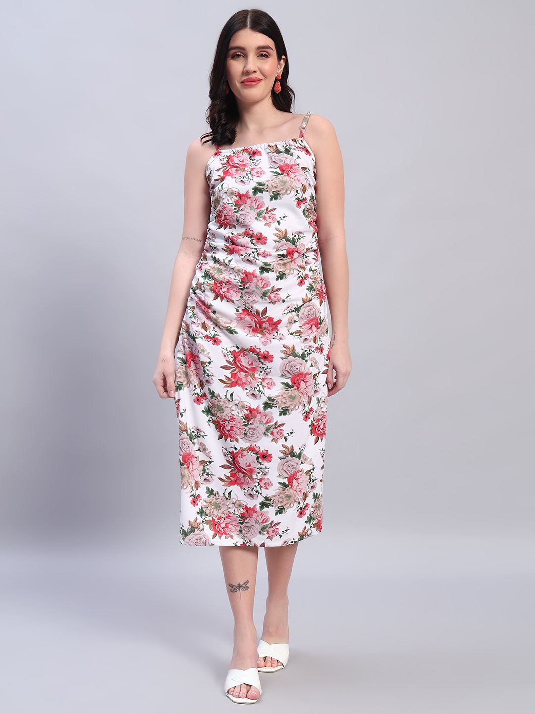 

ROSEMELON Women Floral Printed Shoulder Straps Sheath Midi Dress, White