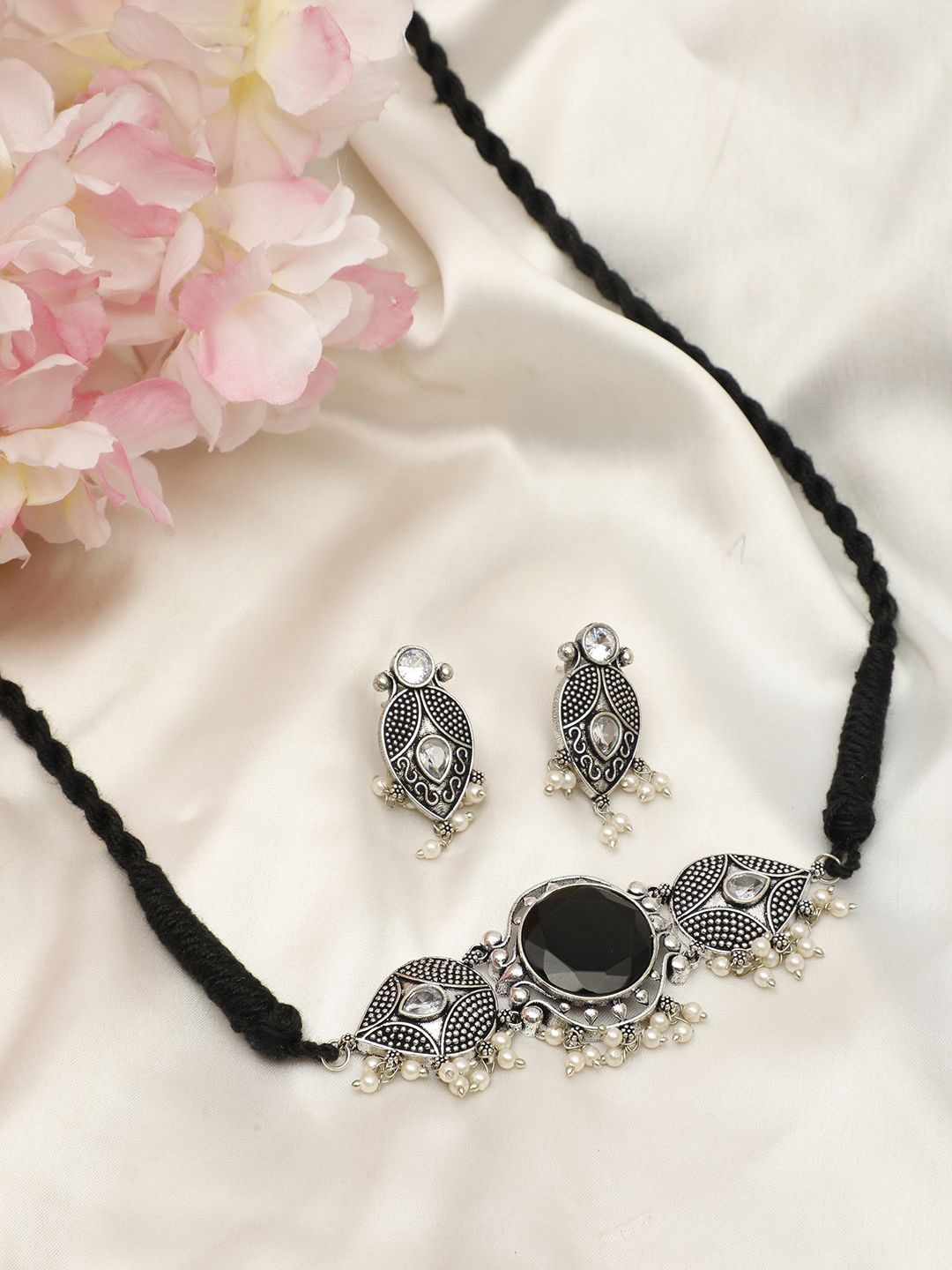 

VIVAZS Stone Studded And Beaded Oxidized Jewellery Set, Silver
