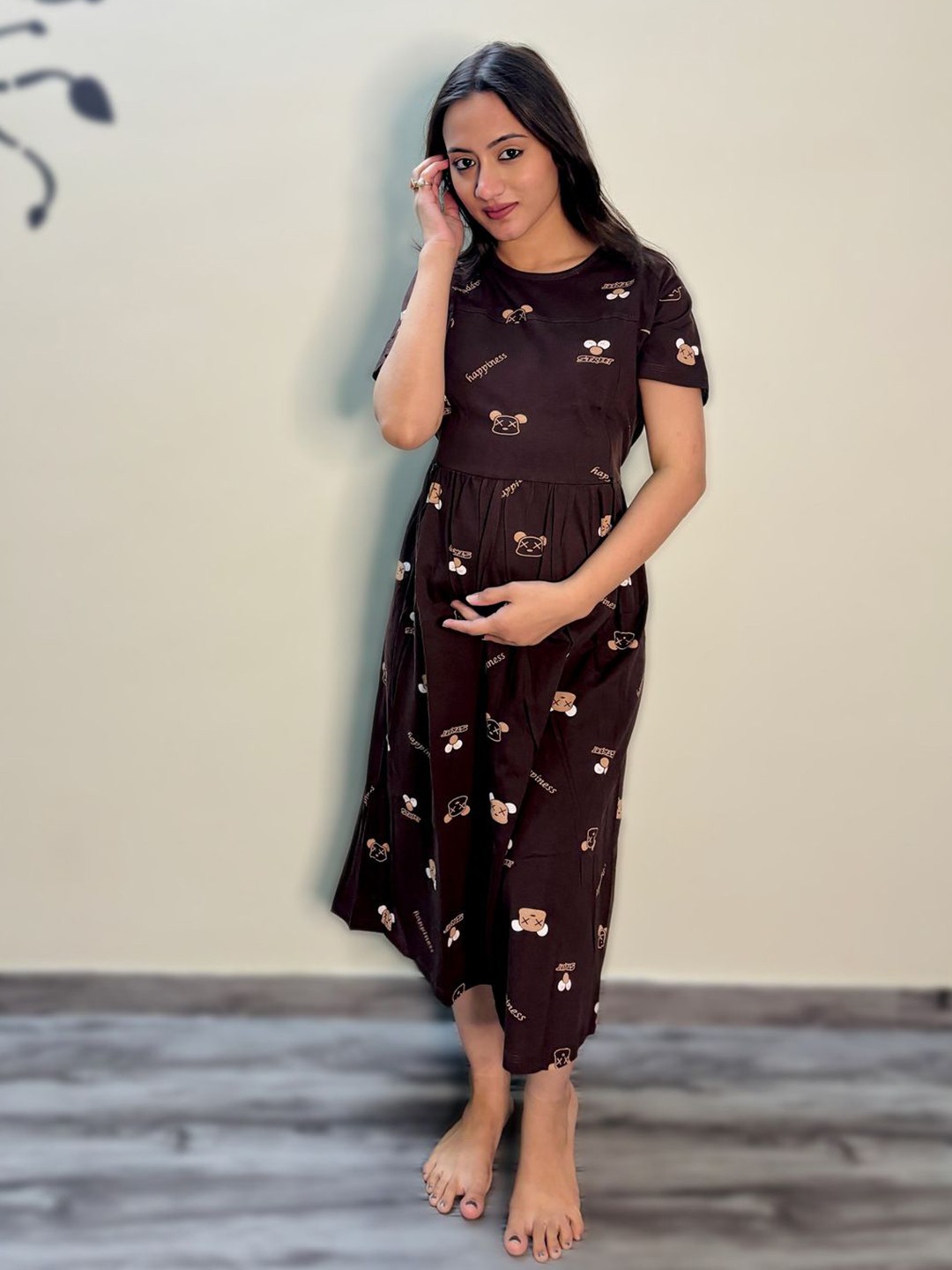 

SWEET MOON Printed Nightdress, Coffee brown