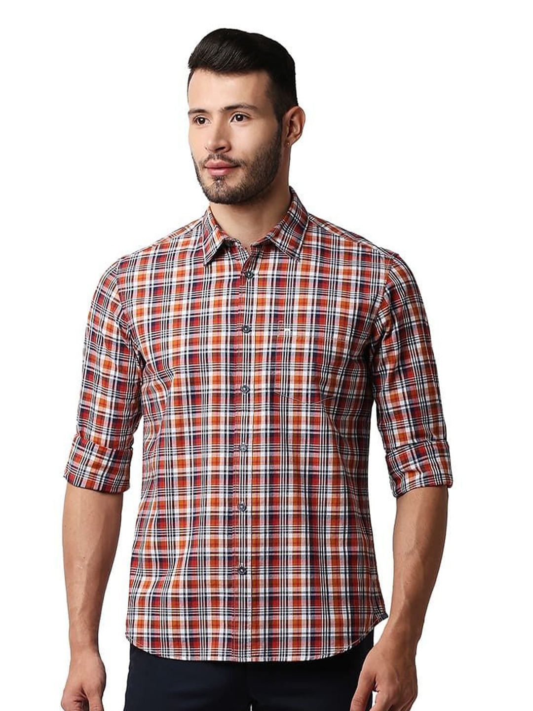 

Basics Men Relaxed Slim Fit Spread Collar Tartan Checked Cotton Casual Shirt, Orange