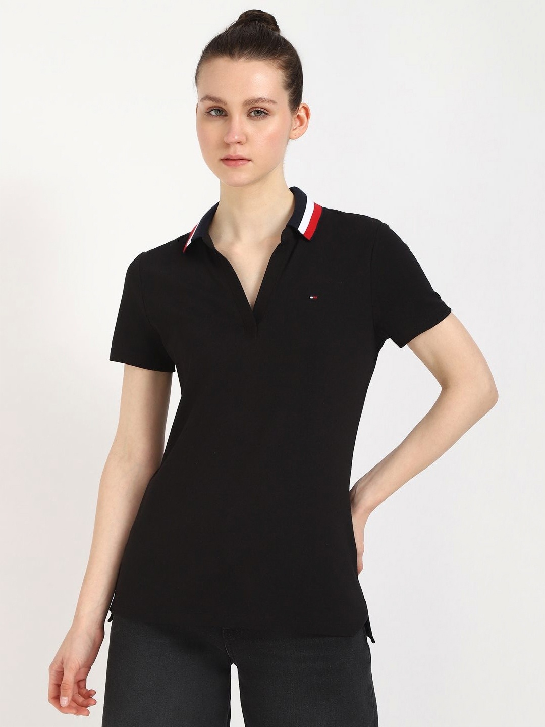 

Tommy Hilfiger Women Solid Polo Collar Cotton T-shirt, Black