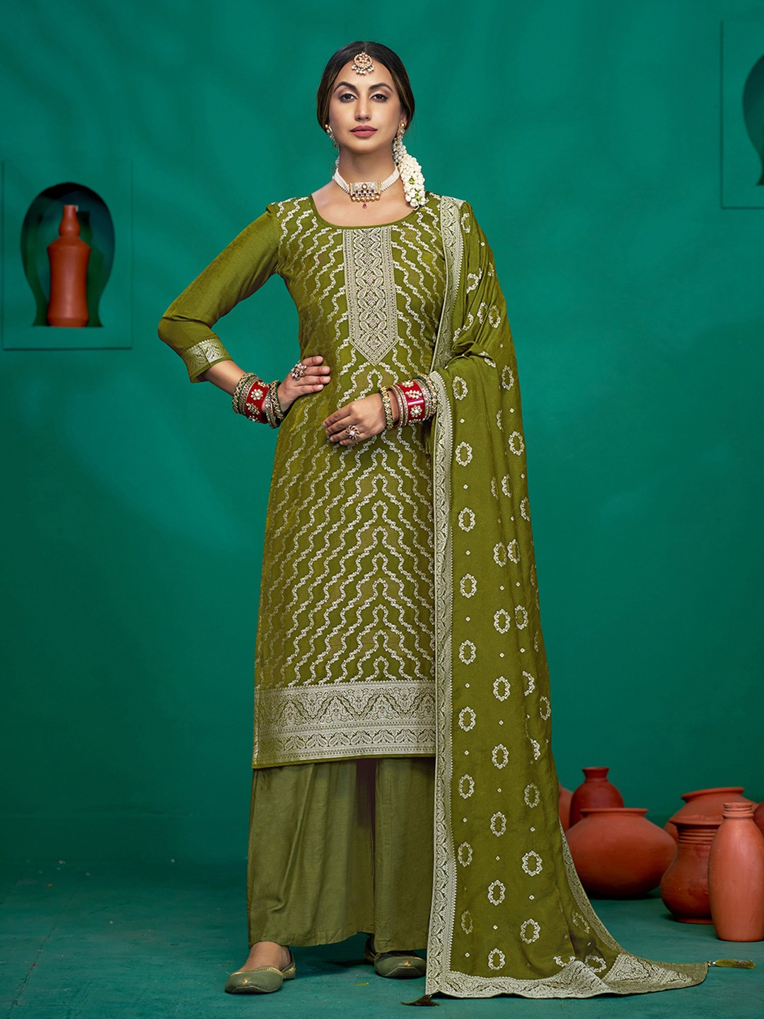 

Anouk Green striped Woven Design Unstitched Dress Material