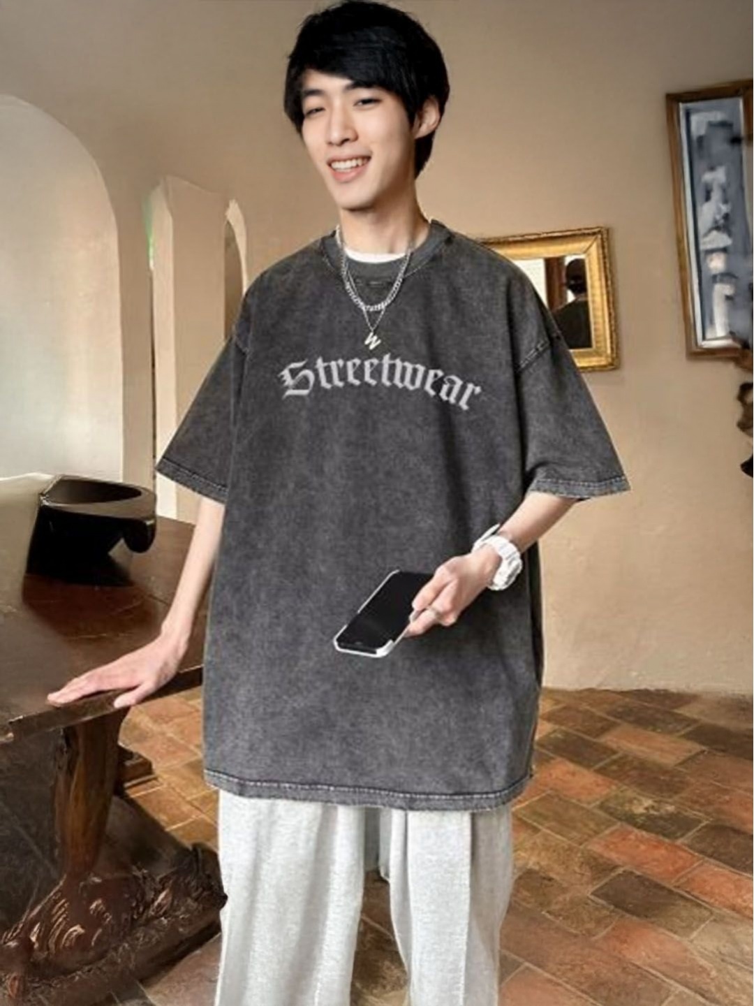 

StyleCast Men Typography Printed Round Neck Oversized T-shirt, Charcoal