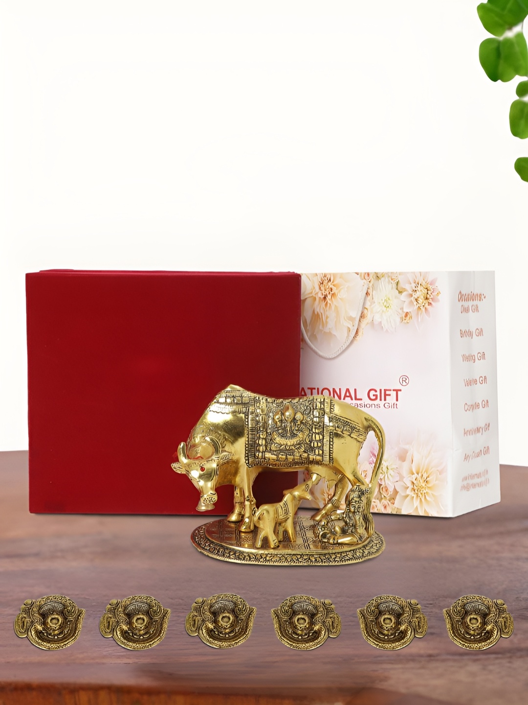 

INTERNATIONAL GIFT Gold Plated Kamdhenu Cow with 6 Diya and Box