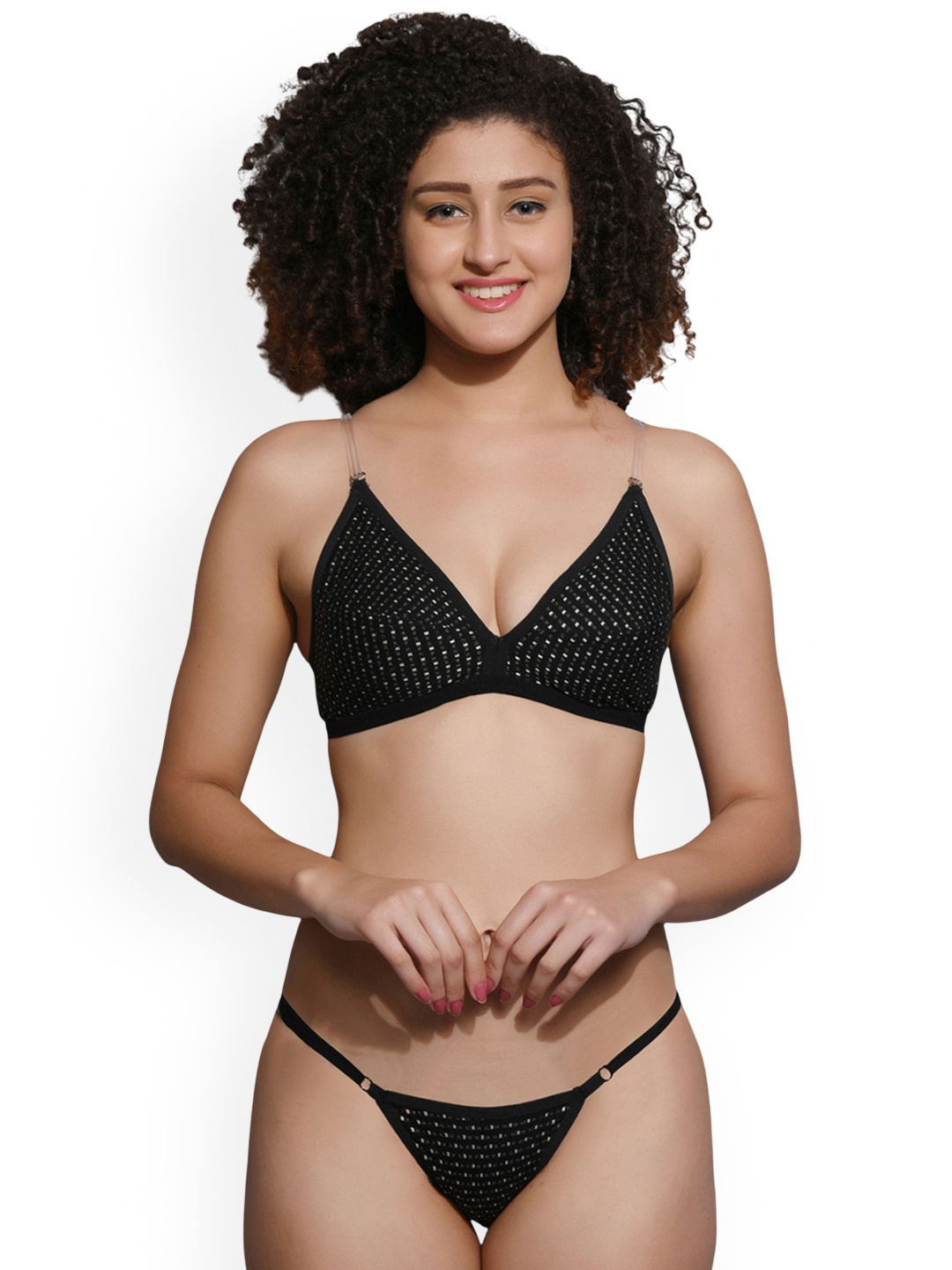 

Fihana Women Printed Cotton Shoulder Straps Lingerie Set, Black