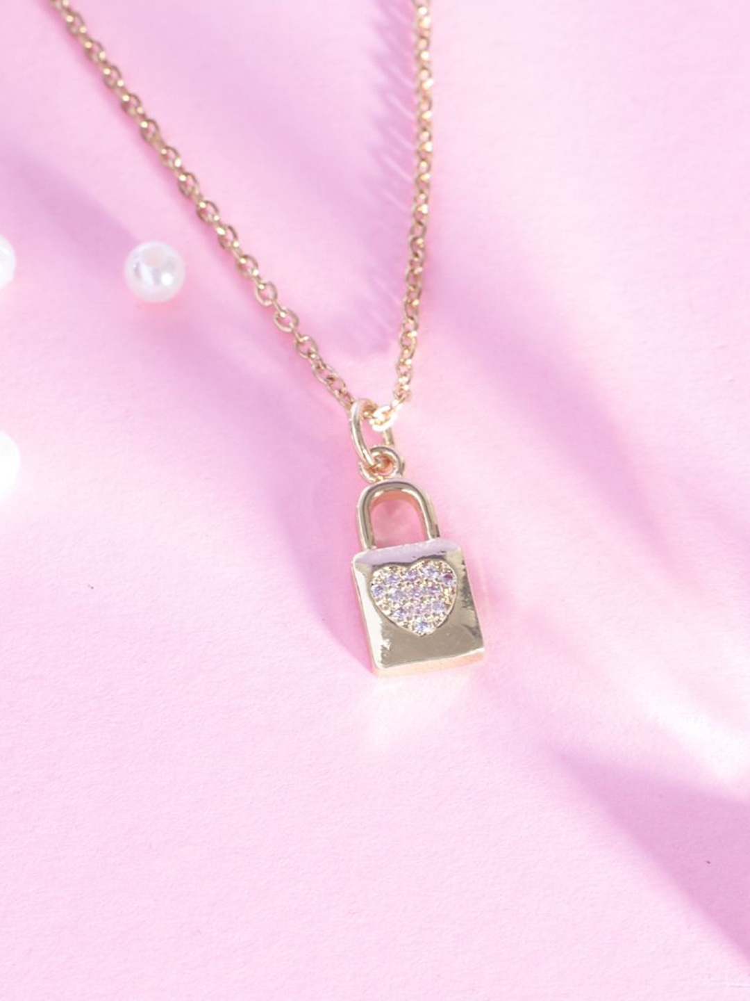 

SALTY Stone Studded Stainless Steel Love Lock Charm Pendant & Chain Jewellery Accessories, Gold