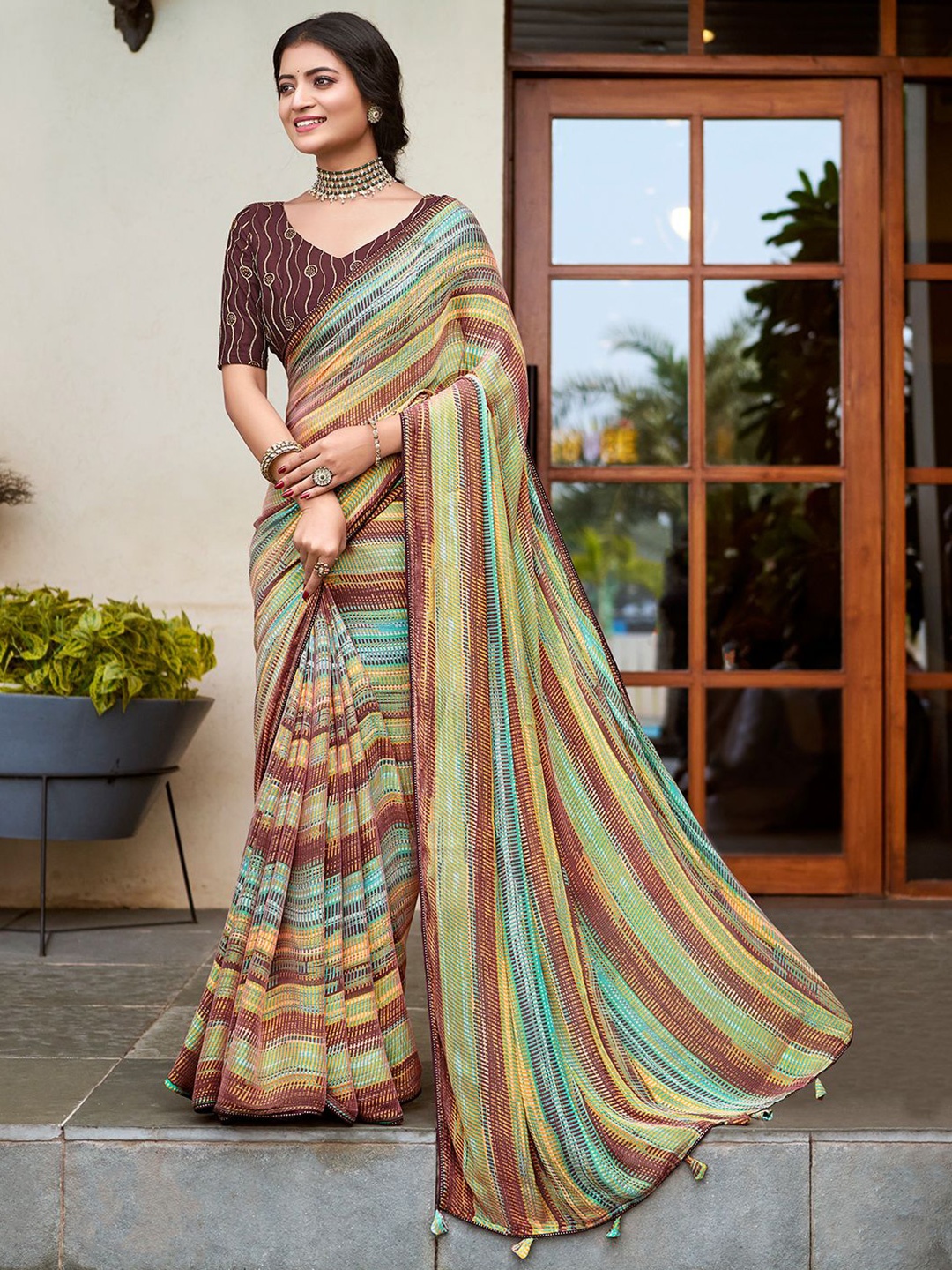 

LeeliPeeri Designer Printed Saree With Tassels, Brown