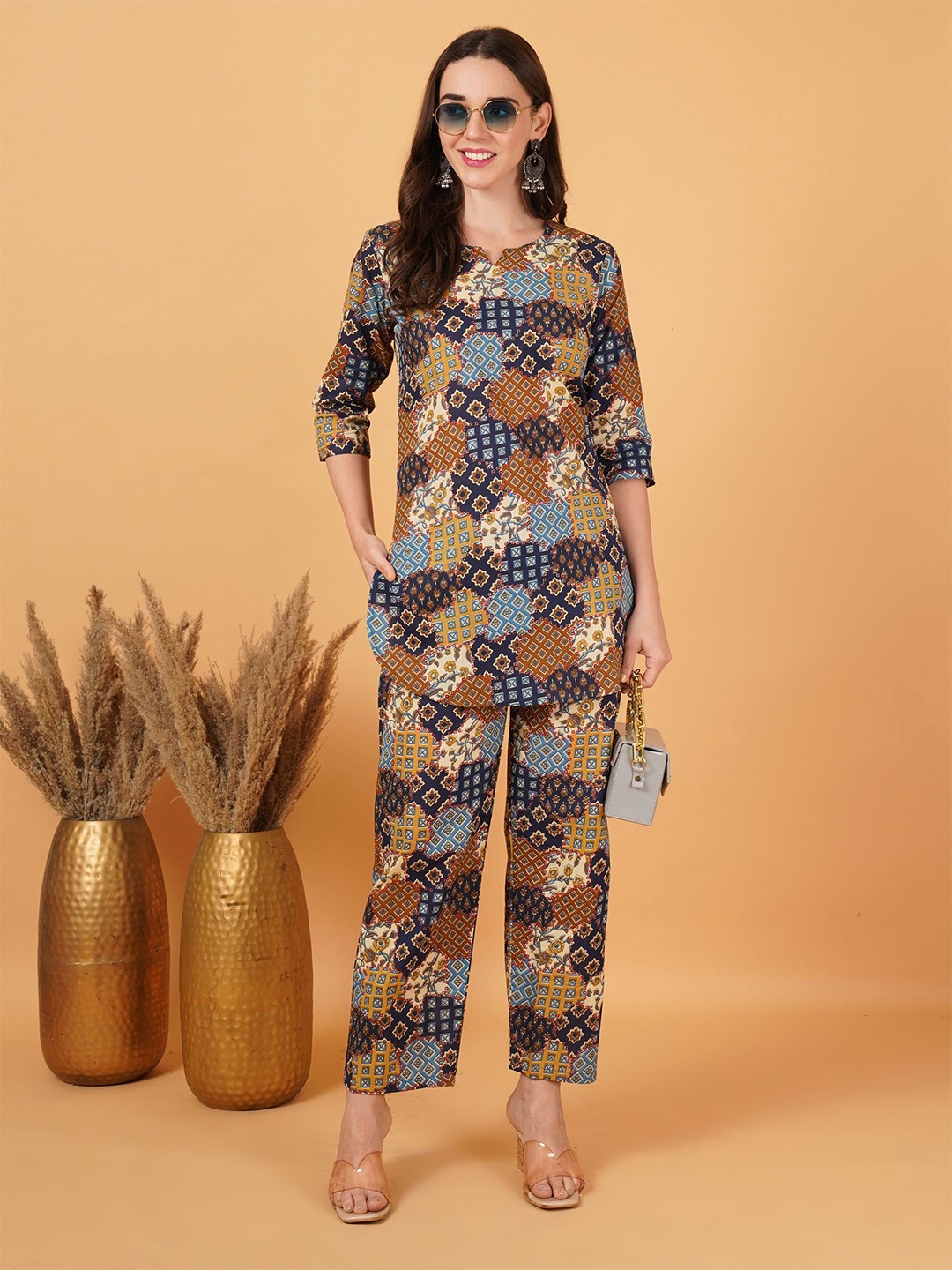 

FebQ Printed Notch Neck Tunic With Trousers, Brown