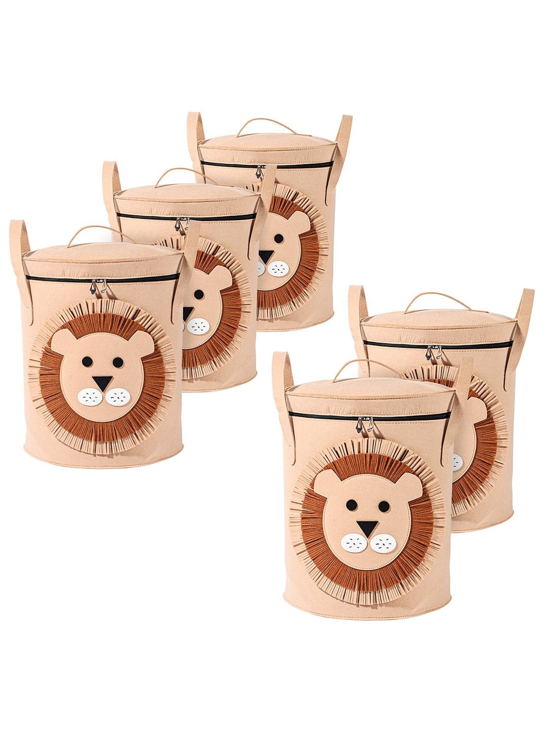 

Kuber Industries Brown Pack of 5 Lion Printed Multipurpose Cloth Baskets with Handles-34 L