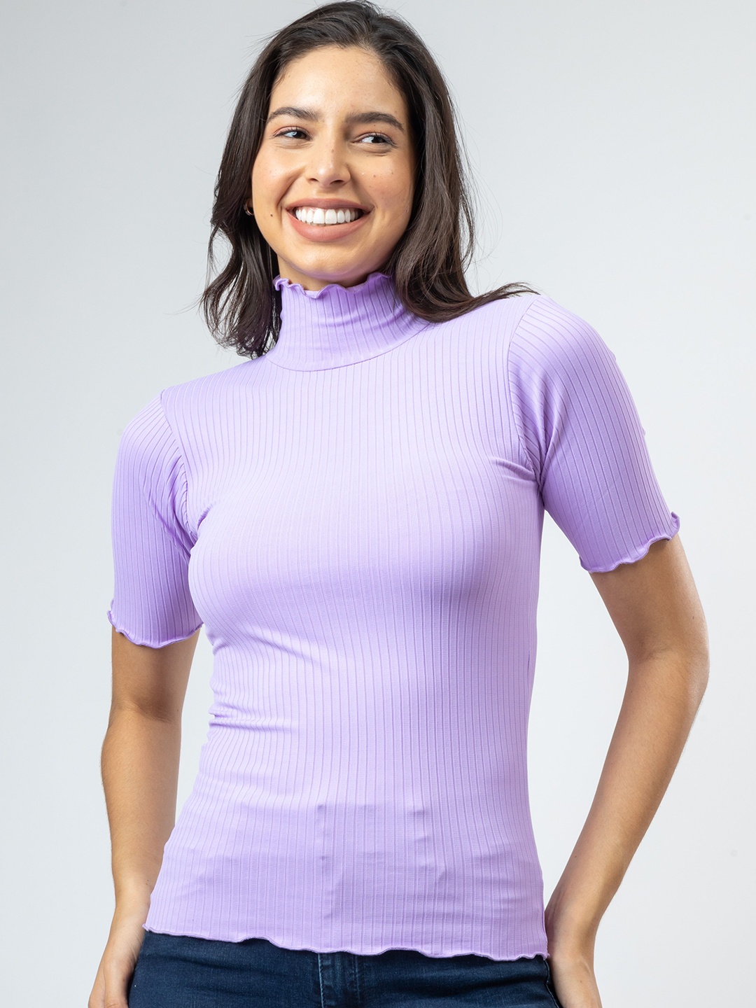 

PYR8 Women Ribbed Ribbed High Neck Top, Lavender