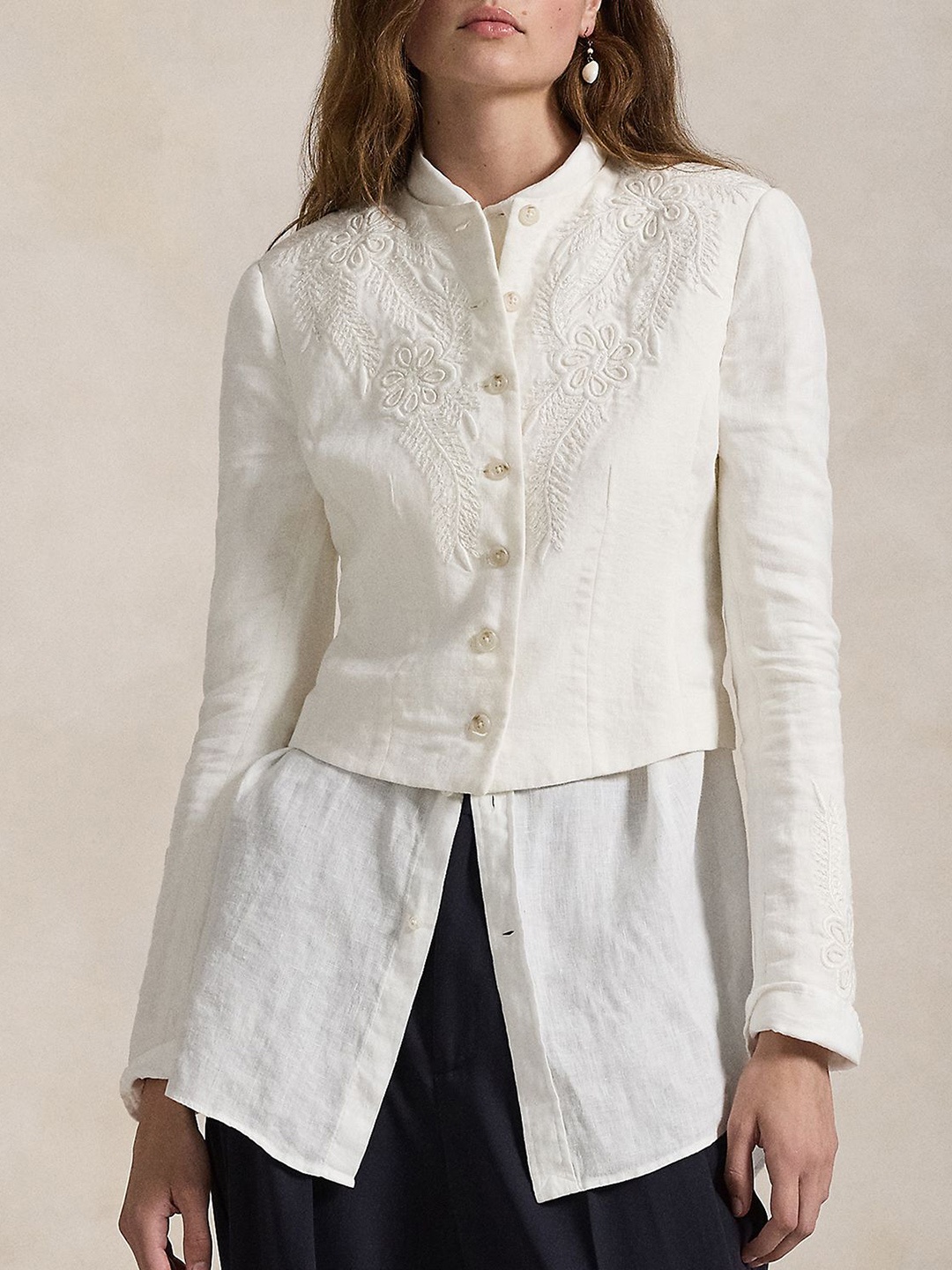 

Polo Ralph Lauren Women Collarless Floral Embroidered Linen Casual Tailored Jacket, White