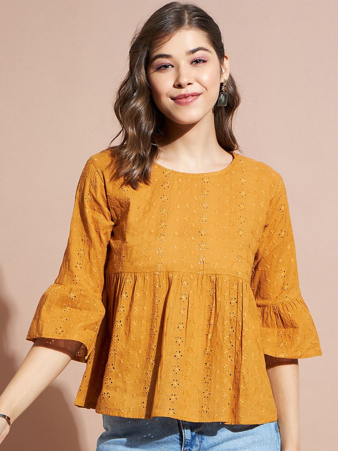 

DressBerry Bell Sleeve Peplum Crop Top, Yellow