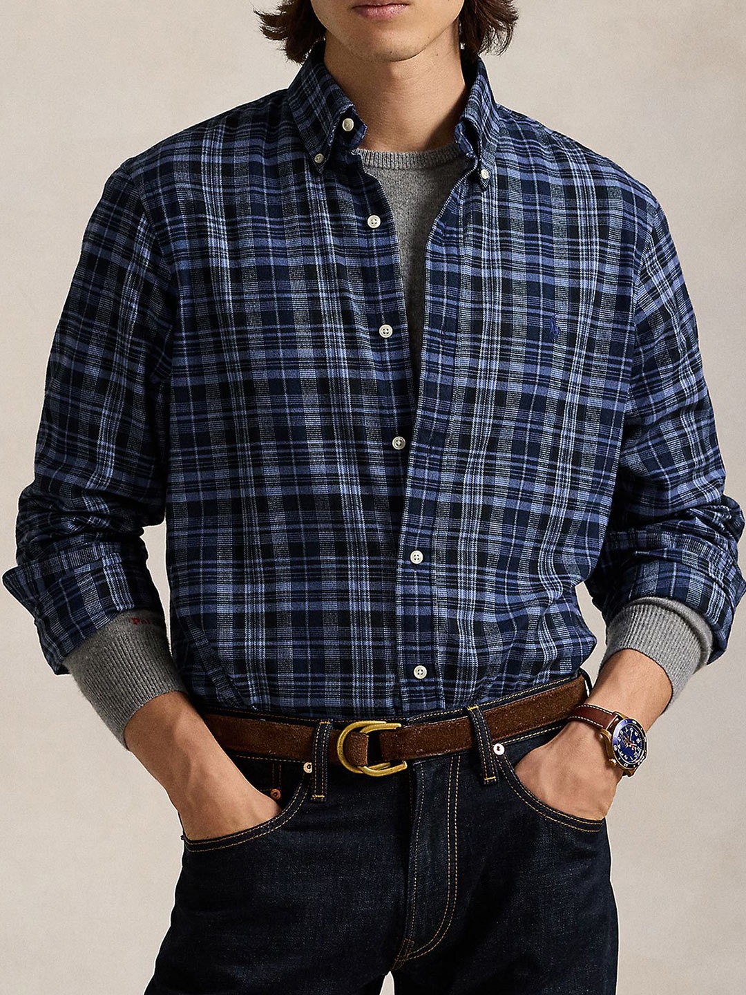 

Polo Ralph Lauren Men Custom Slim Fit Tartan Checked Cotton Casual Shirt, Navy blue