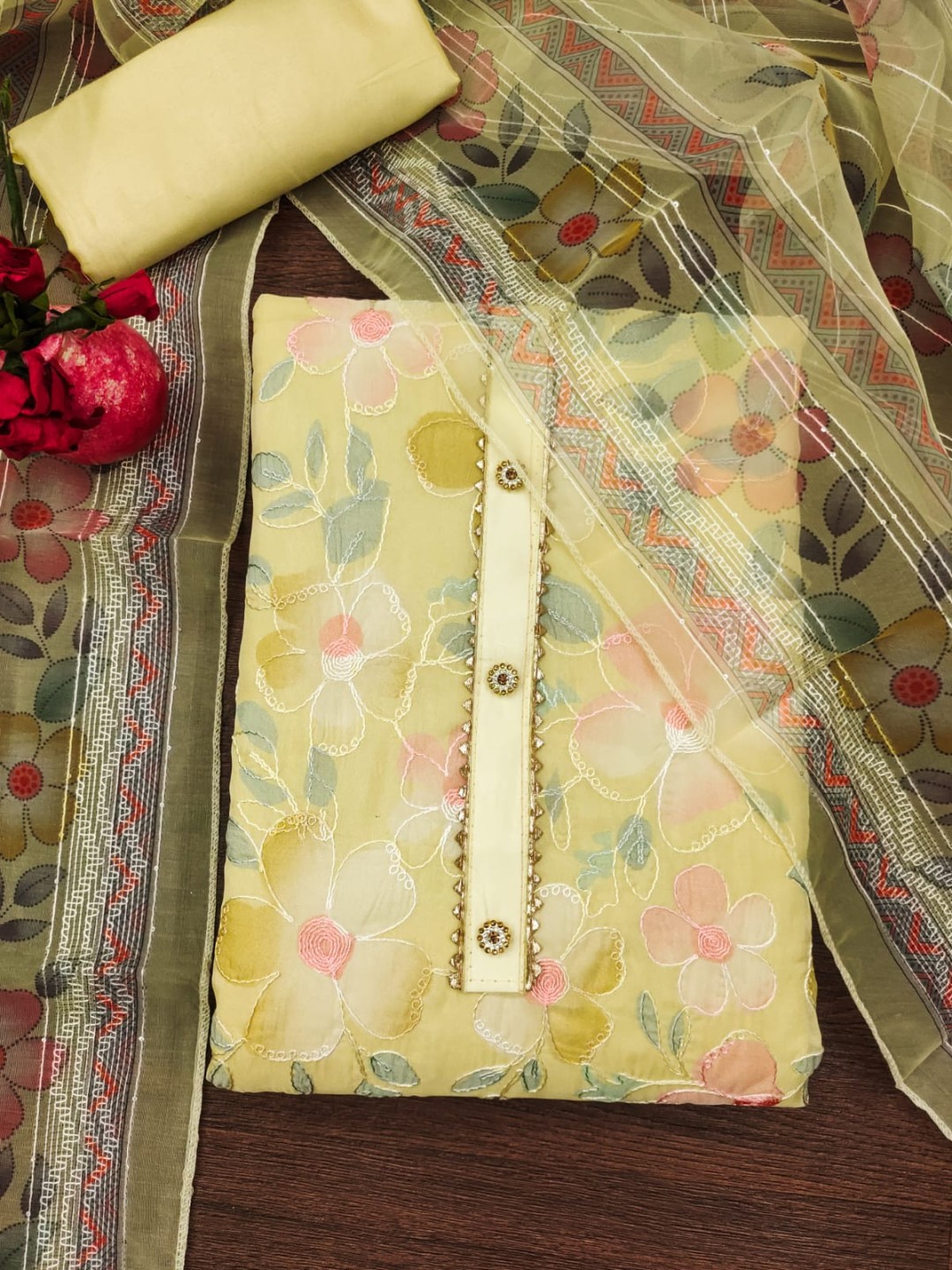 

BlissFlair Floral Printed Embroidered Pure Cotton Unstitched Dress Material, Yellow