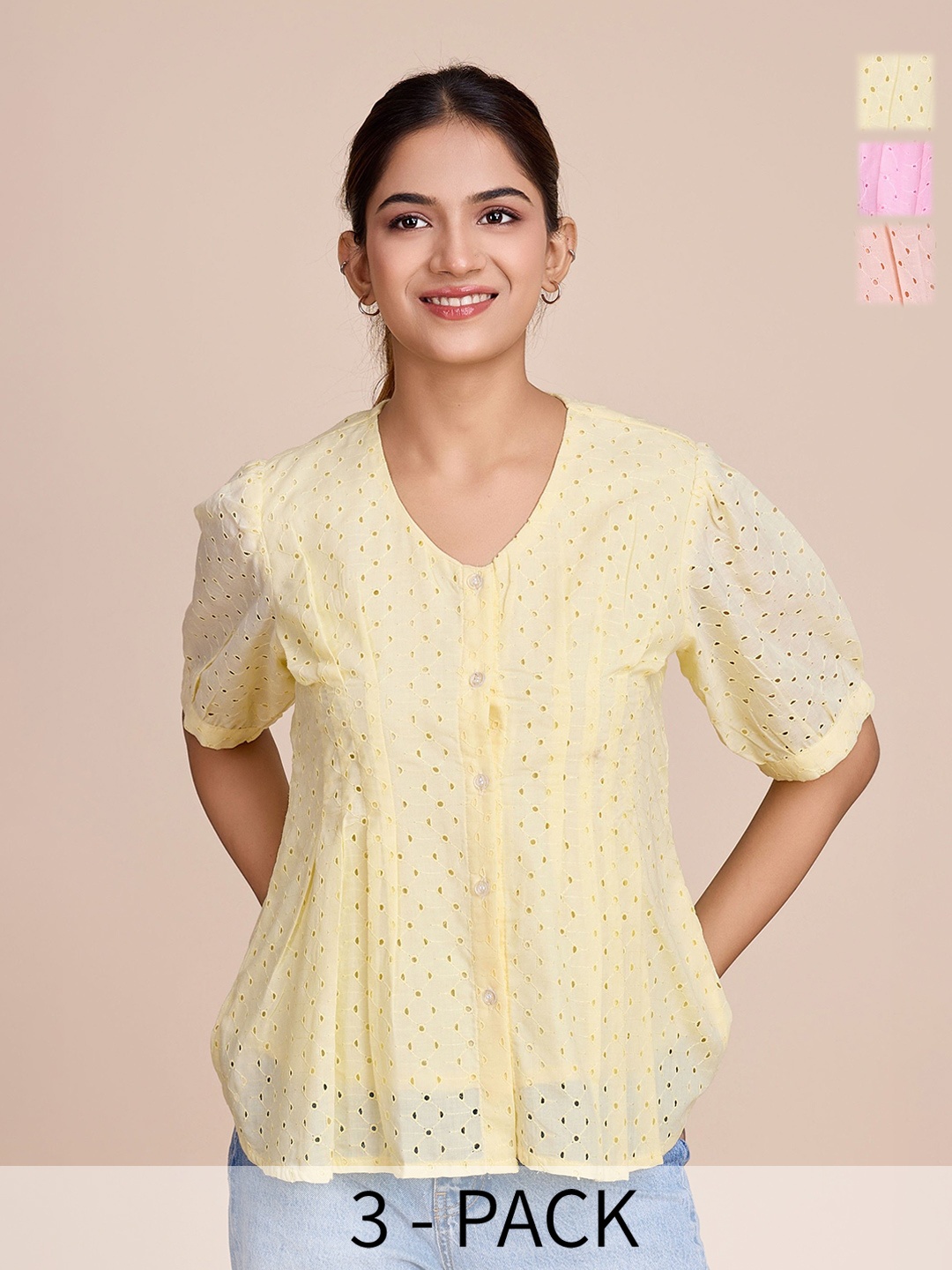 

HOUSE OF MIRA Women Pack Of 3 Puff Sleeves Cotton Top, Yellow