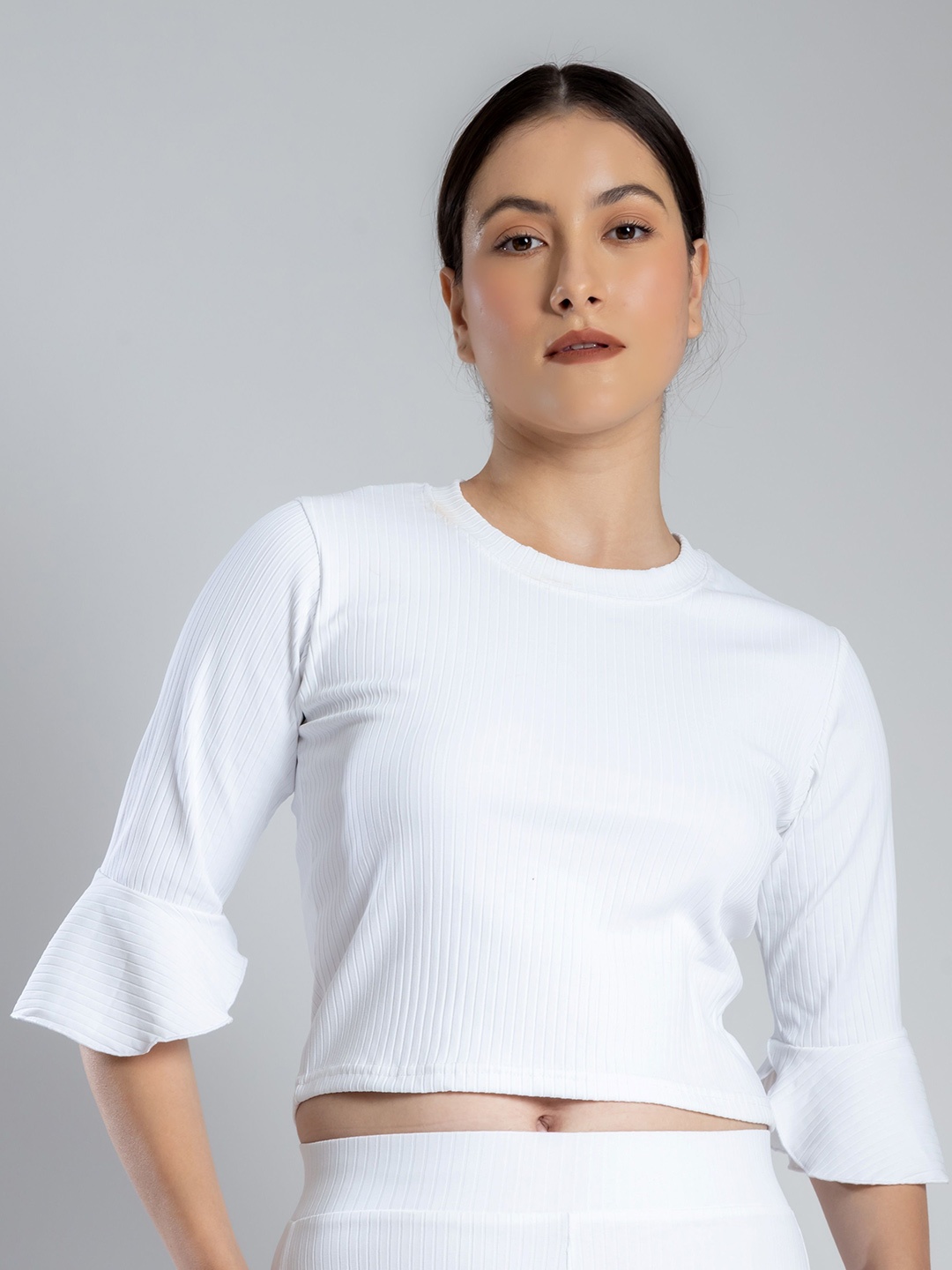 

PYR8 Striped Bell Sleeve Crop Top, White