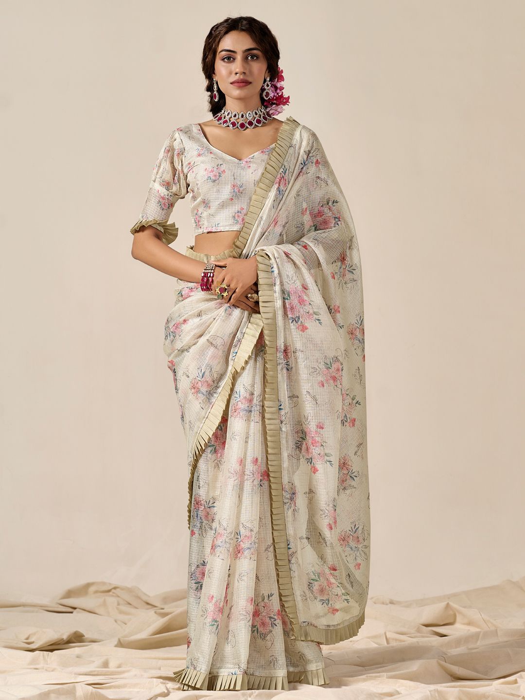 

DIVASTRI Checks Floral Printed Ruffles Kota Saree, White