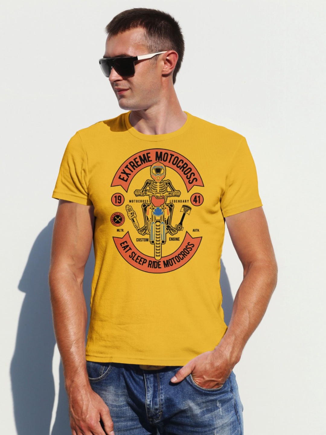 

Moda Rapido Men Graphic Printed Round Neck Cotton T-shirt, Mustard