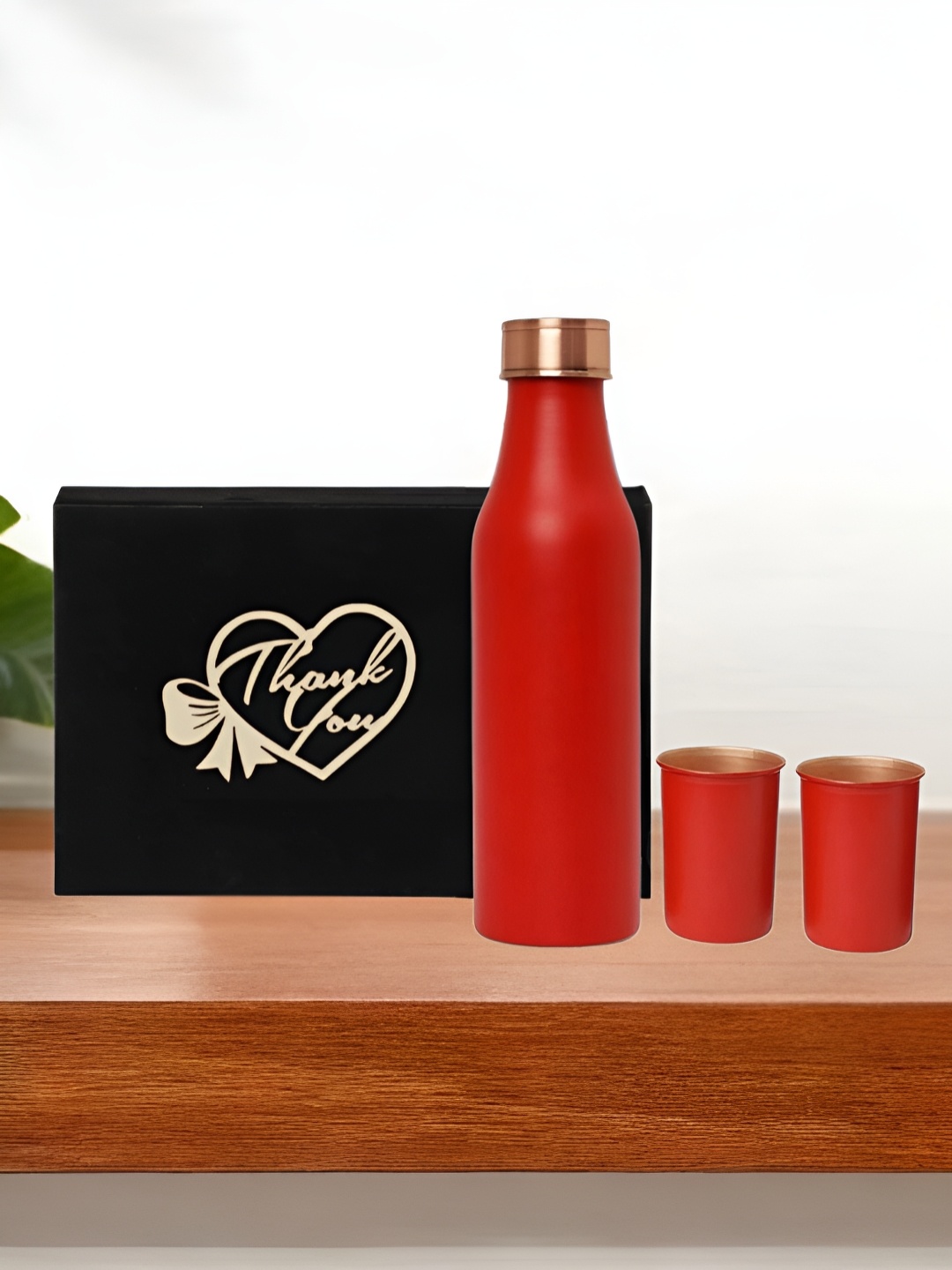 

INTERNATIONAL GIFT Red 3 Pieces Pure Copper Water Bottle & Glass Set With Velvet Box