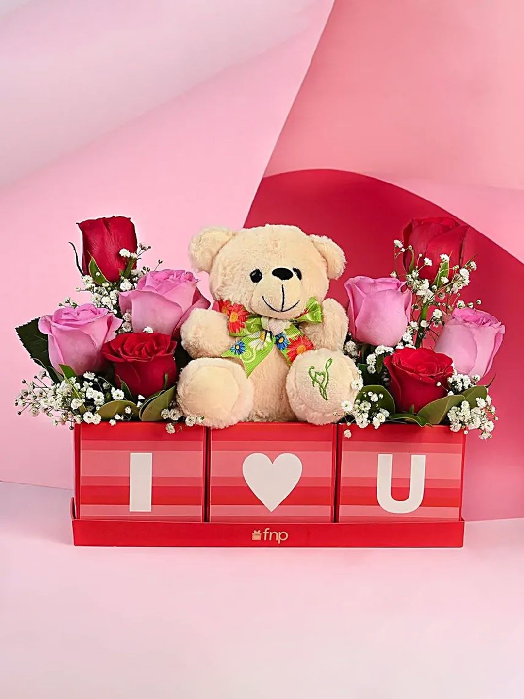 

fnp 8-Pcs Red & Pink Roses Fresh Flowers Box With Teddy Bear